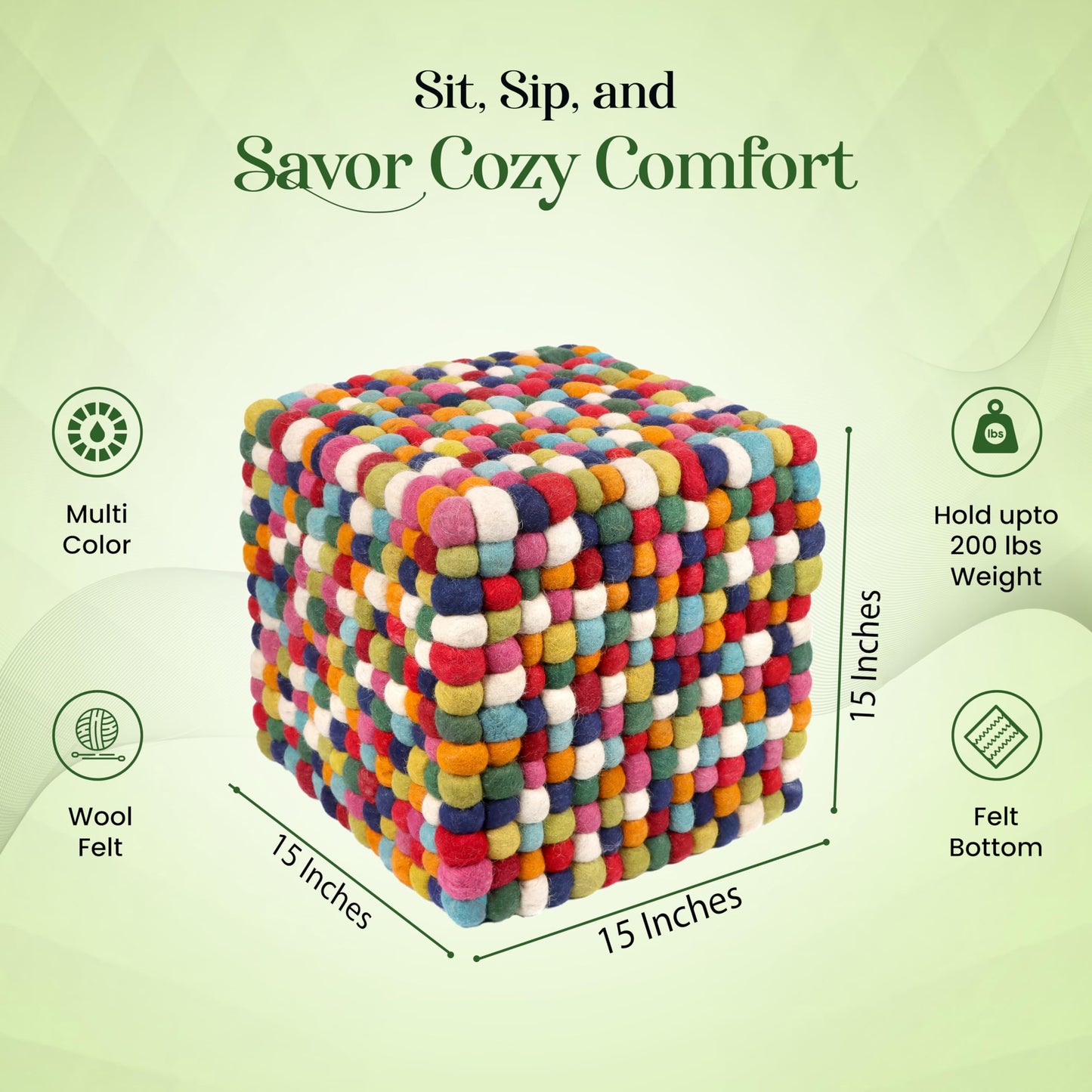 CLEENTABLE 15 Inches Multi Colored Cube Felt Ball Ottoman Pouf for Living Room, Bedroom and Kids Room