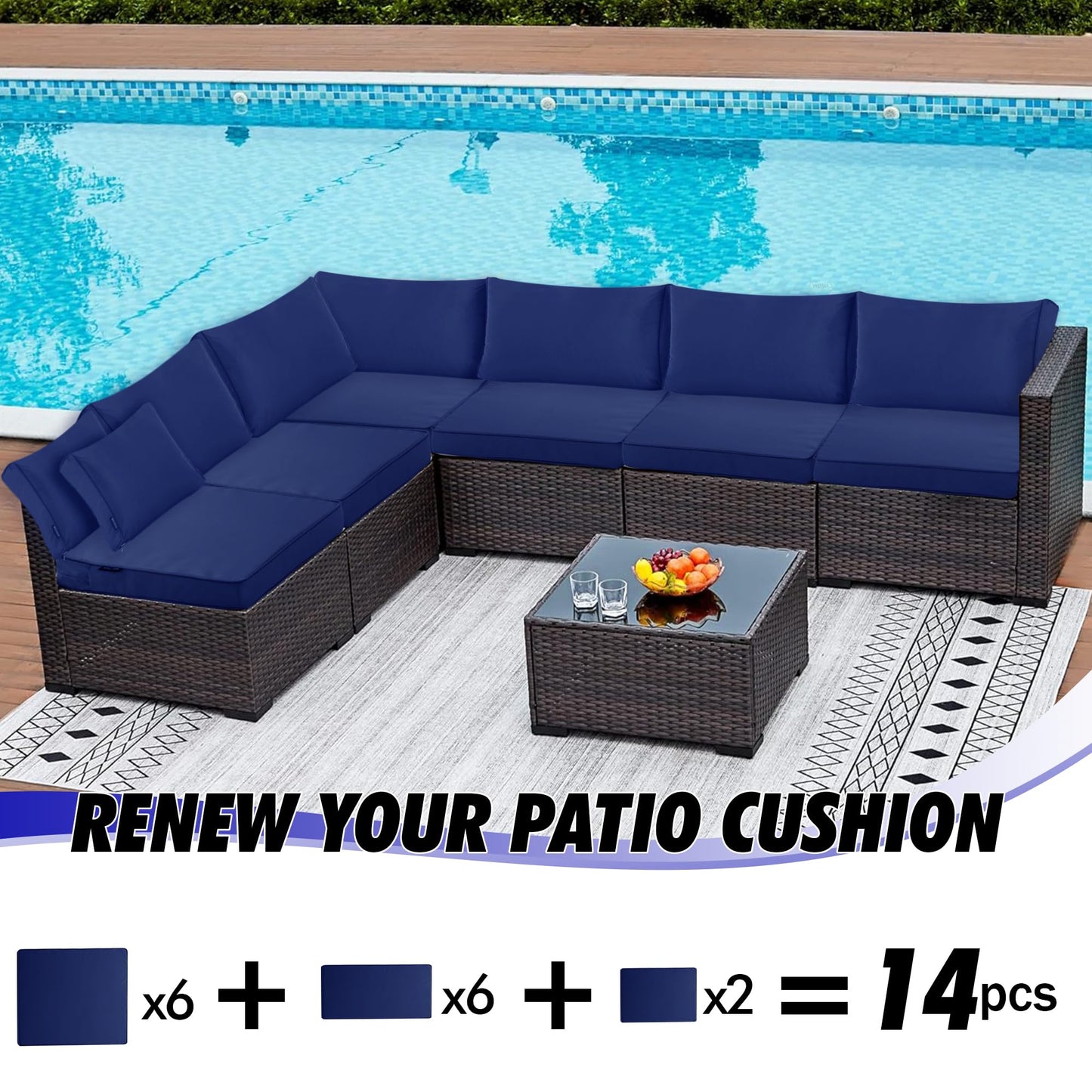 Comcaver 14 Pack Patio Cushion Covers Set Outdoor Cushion and Pillow Replacement for 7 Pieces 6 Seater Outdoor Furniture Sofa Waterproof Cushion Slipcovers Set for Wicker Rattan Sofa Navy COVERS ONLY