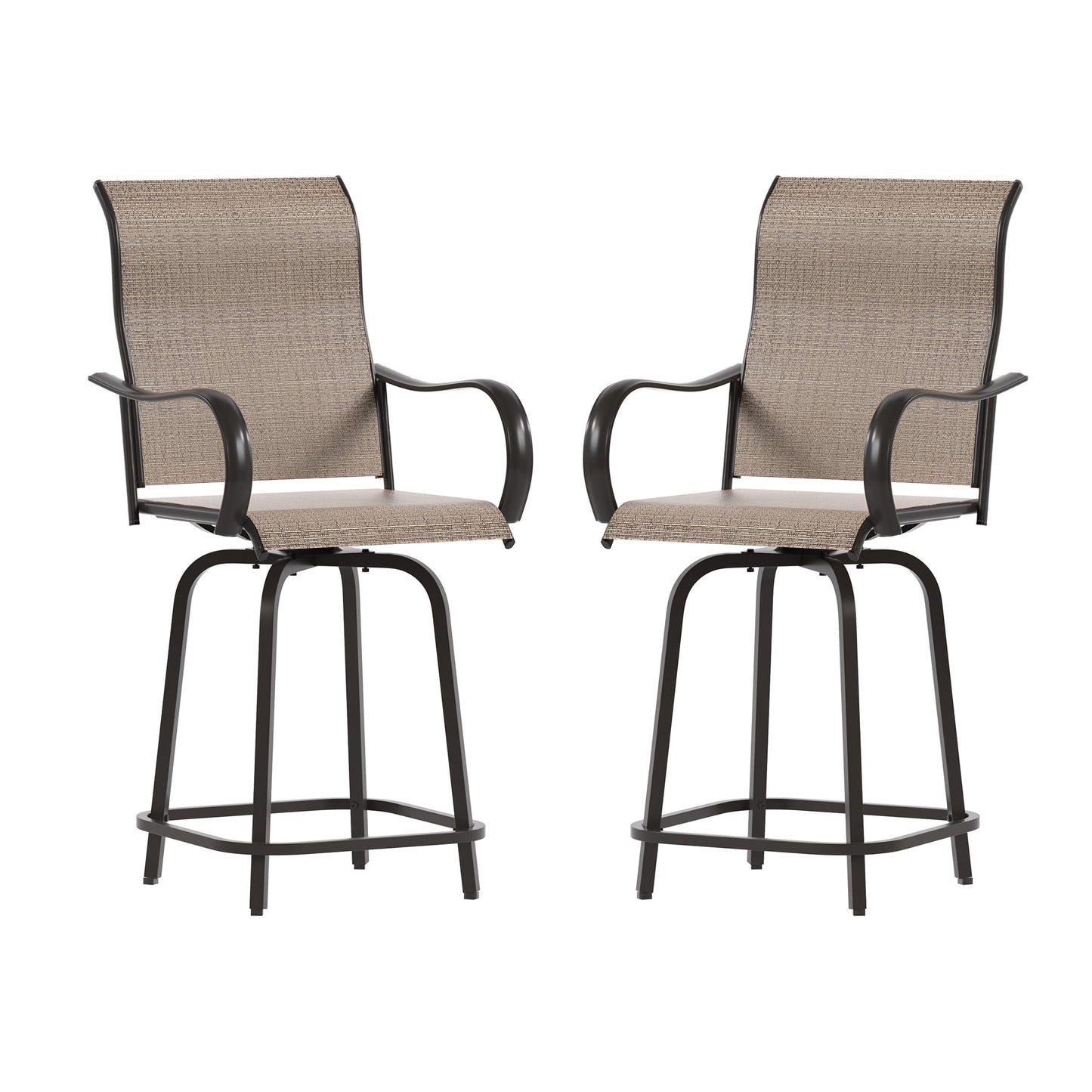 UDPATIO Patio Swivel Bar Stools Chair of 2, Outdoor Bar Height Set, All Weather High Back and Armrest Patio Stools & Bar Chairs for Backyard, Lawn Garden, Balcony and Pool, Brown