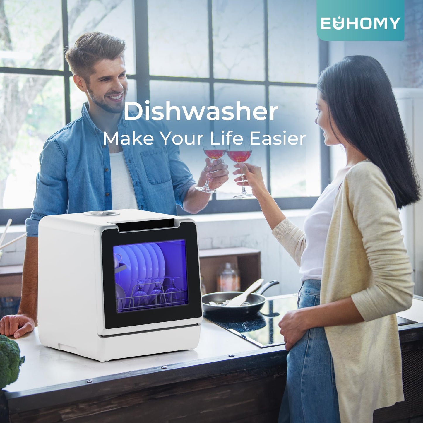 EUHOMY Portable Dishwasher Countertop, 8 Programs Dishwasher with 5L Built-in Water Tank and Drain Hose, Countertop Dishwasher No Hookup with 8 Modes with Self Clean & Baby Care, Dish Washer for RVs