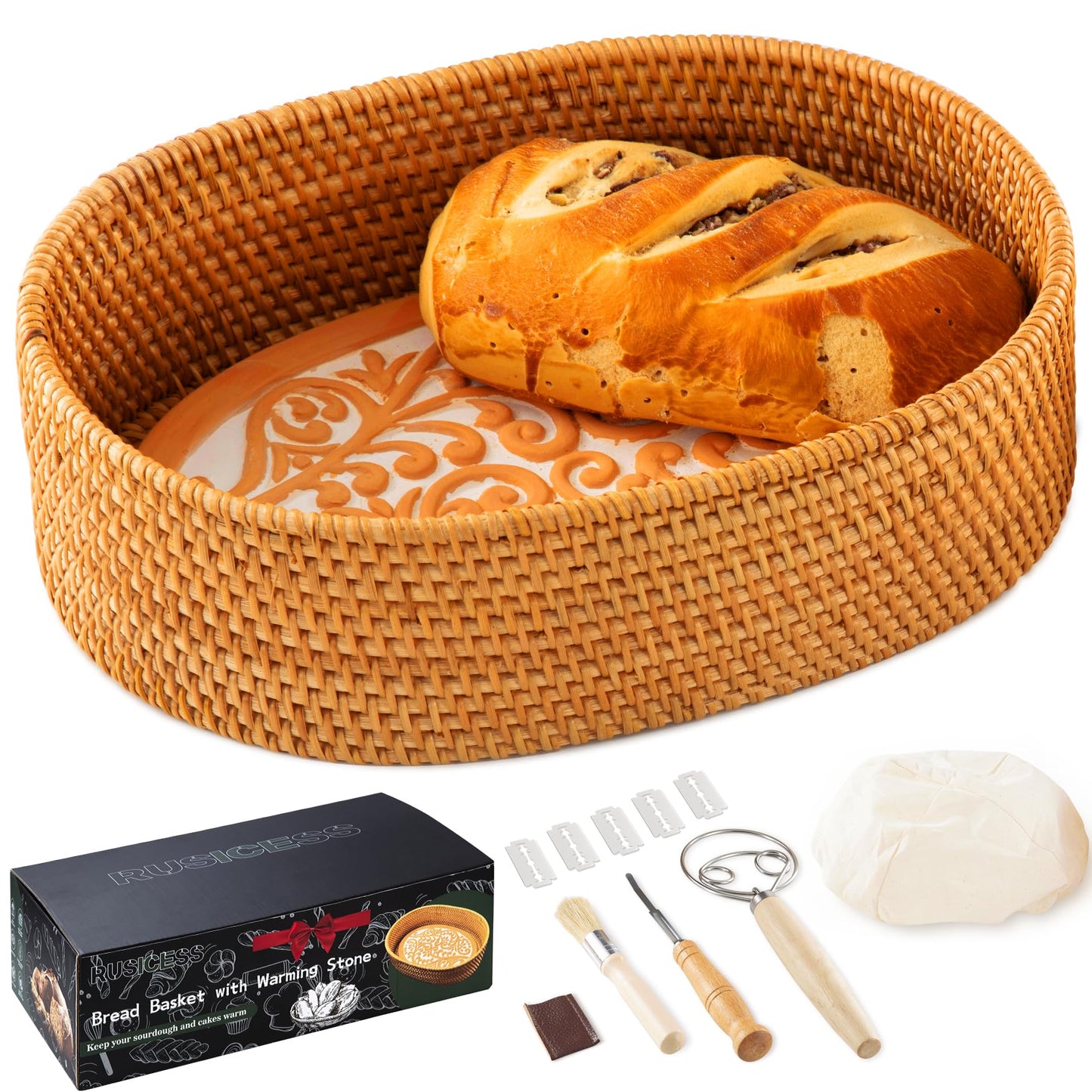 Bread Warmer Basket with Stone - Bread Baskets for Serving Tortilla, Sourdough -Terracotta Bread Stone -Gifts for House Warming, Christmas, Sourdough Bakers, Newlywed, Beautiful Bread Warmer Basket