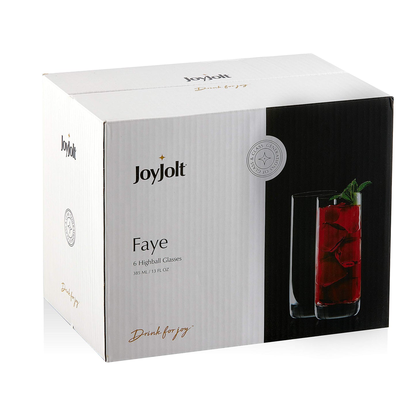 JoyJolt Faye 13oz Highball Glasses, 6pc Tall Glass Sets. Lead-Free Crystal Drinking Glasses. Water Glasses, Mojito Glass Cups, Tom Collins Bar Glassware, and Mixed Drink Cocktail Glass Set