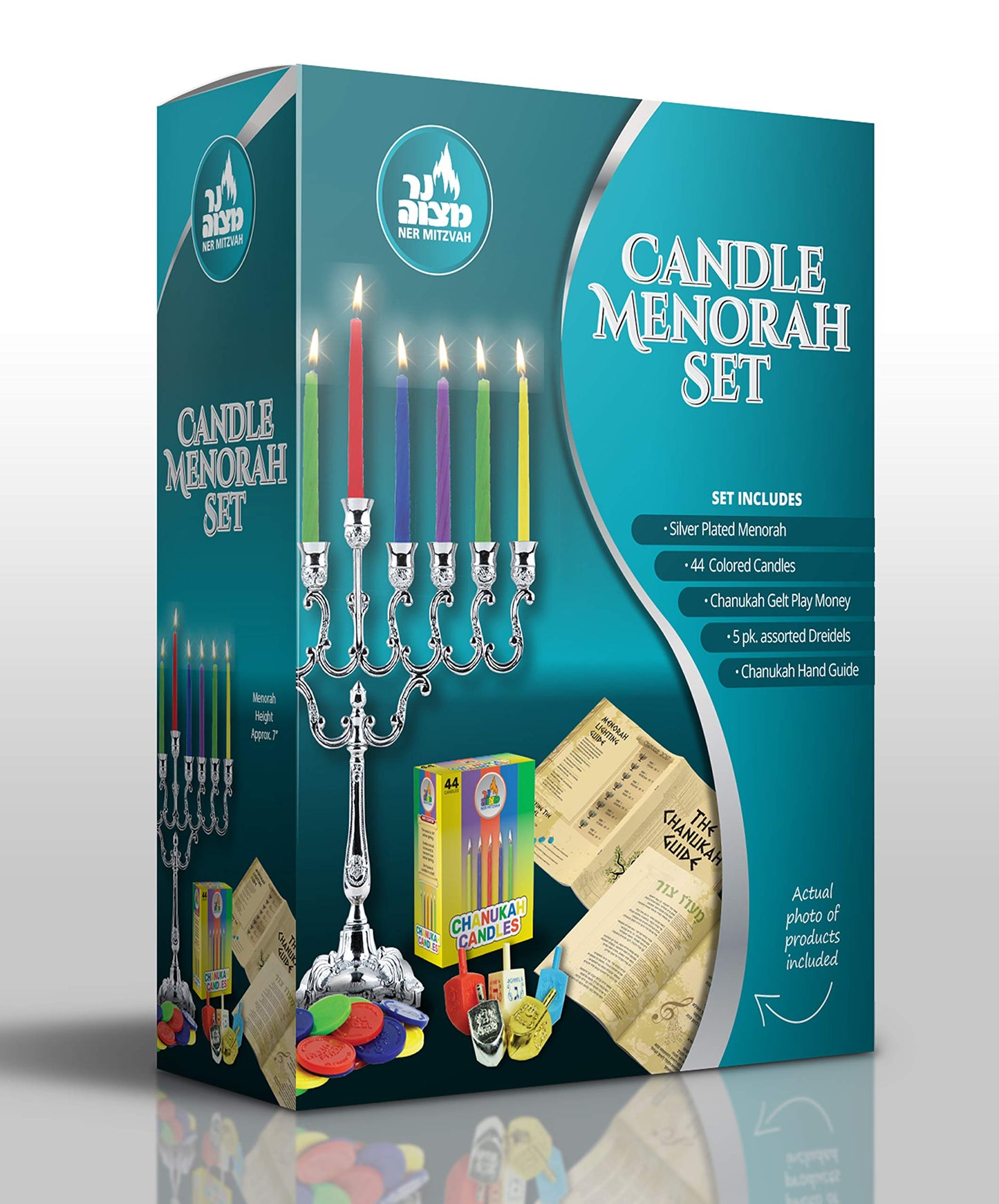 Hanukkah Menorah Complete Set - Menorahs for Chanukah - includes Menorah, Hanukkah Candles, Dreidels, Play Coins, Chanukah Guide