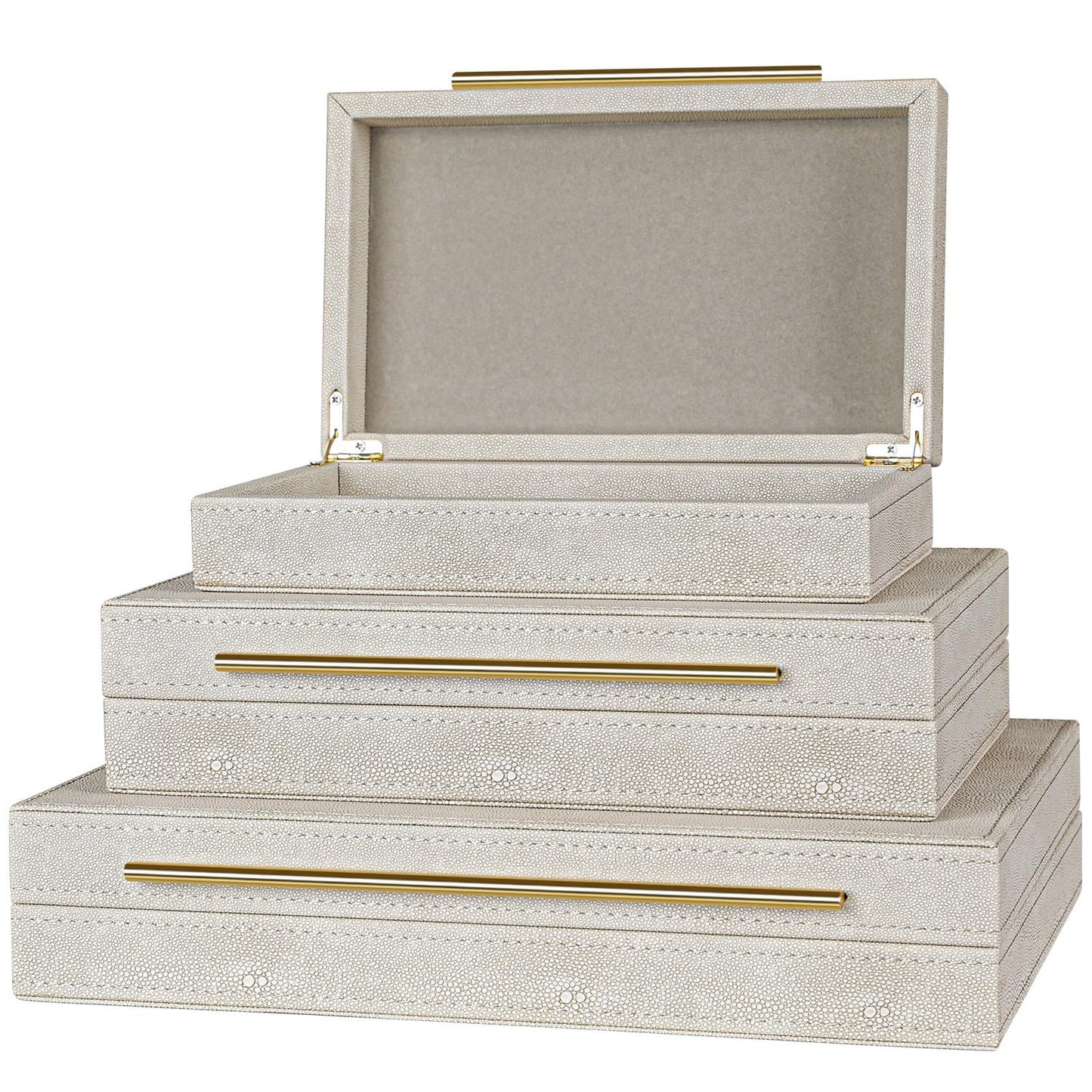 Elegant Set of 3 Ivory Shagreen Decorative Boxes with Velvet Lining and Golden Handles - Versatile Home Decor and Jewelry Organizer