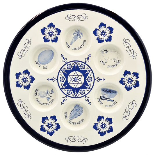 The Dreidel Company Ceramic Seder Plate Renaissance Design Passover Plate, 12" Inch Diameter - Blue (Renaissance Design)