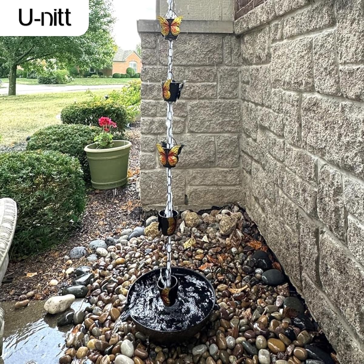 U-nitt Rain Chains for Gutters | Rainwater Catcher & Diverter | 8.5 FT Metal Black Rain Chain | Powder Coated, Farmhouse Bucket, Golden | Roof Gutter Chain Downspout | DIY Rain Chain Installation Kit