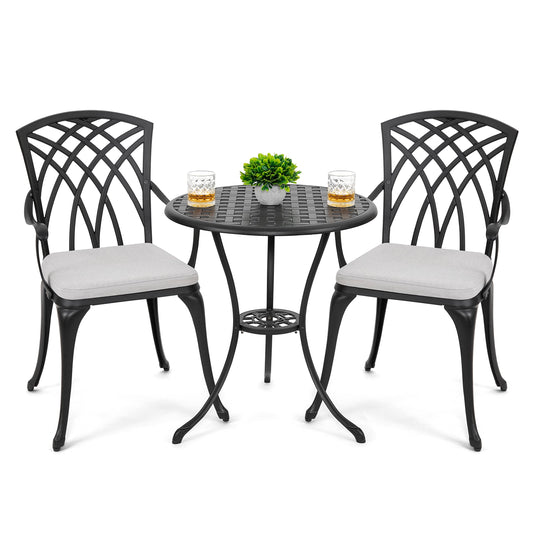 NUU GARDEN 3 Piece Bistro Table Set Cast Aluminum Outdoor Patio Furniture with Umbrella Hole and Grey Cushions for Patio Balcony, Black
