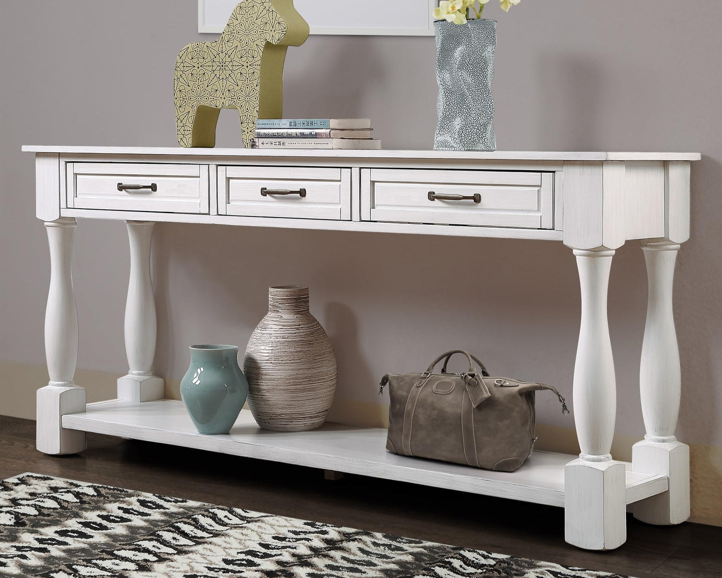 LKTART Solid Wood Console Table Sofa Table Entryway Table with 3 Drawers and 1 Bottom Shelf for Storage Entry Hallway Foyer Sofa (63" Antique White)