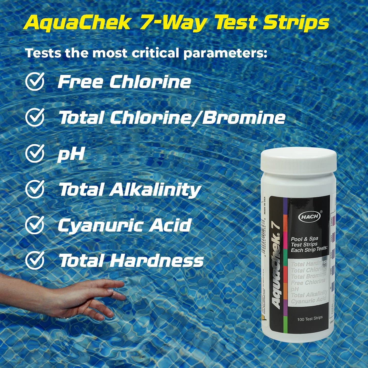 AquaChek 7-Way Pool and Spa Test Strips - Silver Pool Test Strips For pH, Total Chlorine, Free Chlorine, Bromine, Alkalinity, Total Hardness, and Cyanuric Acid - Water Quality Testing Kit (100 Strips)