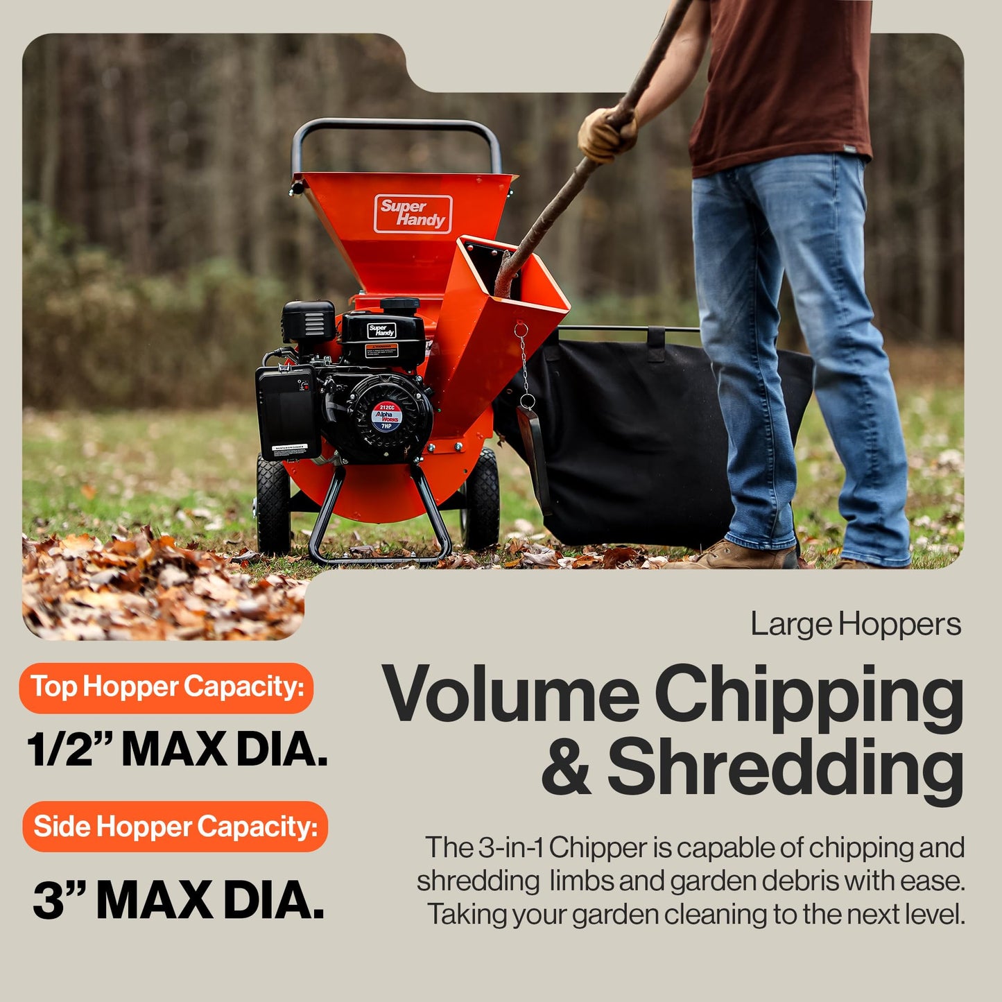 SuperHandy Wood Chipper Shredder Mulcher Ultra Heavy Duty 7HP 3 in 1 Multi-Function 3" Inch Max Capacity