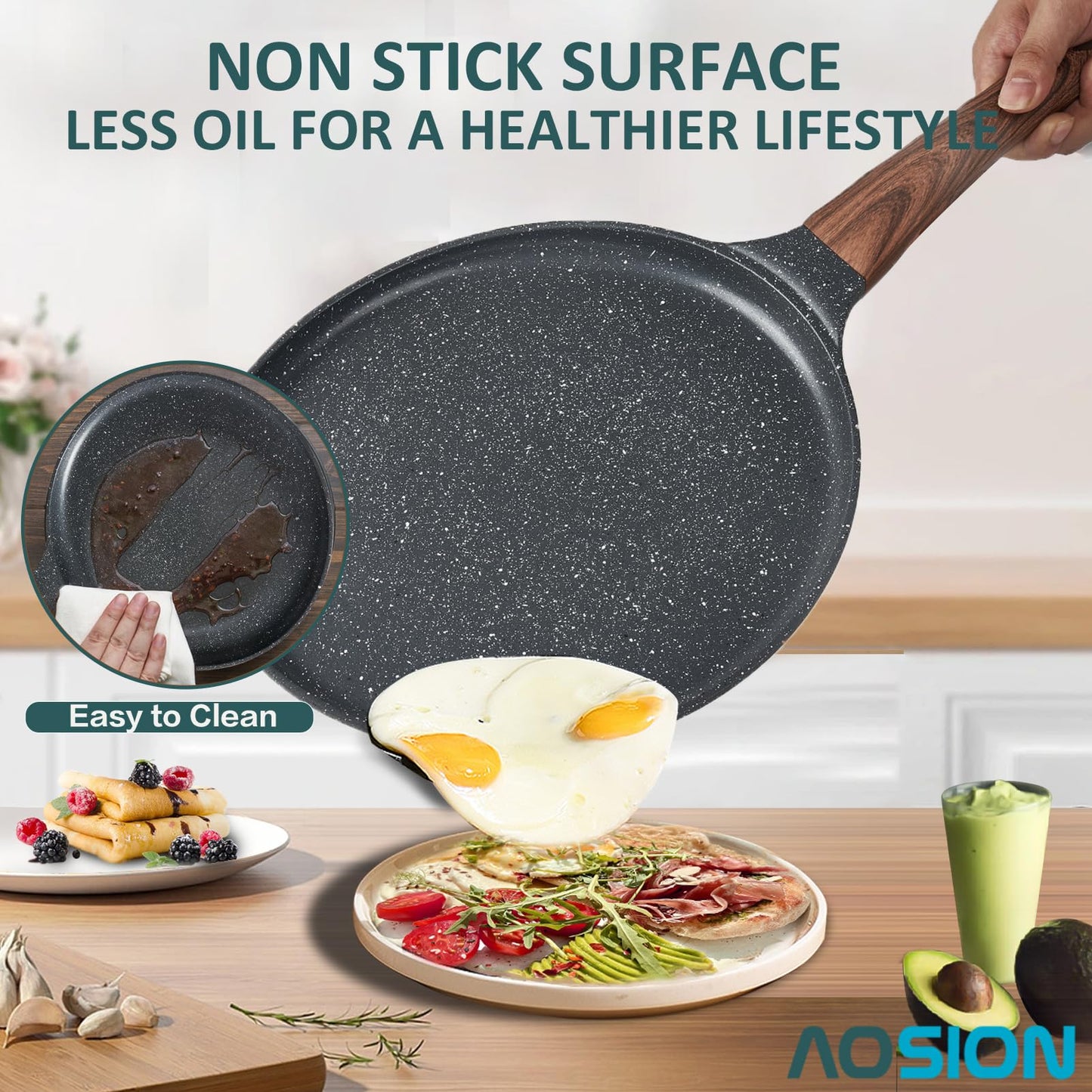 AOSION 11 inch Crepe Pan Nonstick Dosa Tawa Pan,Ceramic Coating Skillet Pan,Tortilla Pan for Pancake Omelette Steak Frying Egg with Ergonmic Handle,For All Stoves