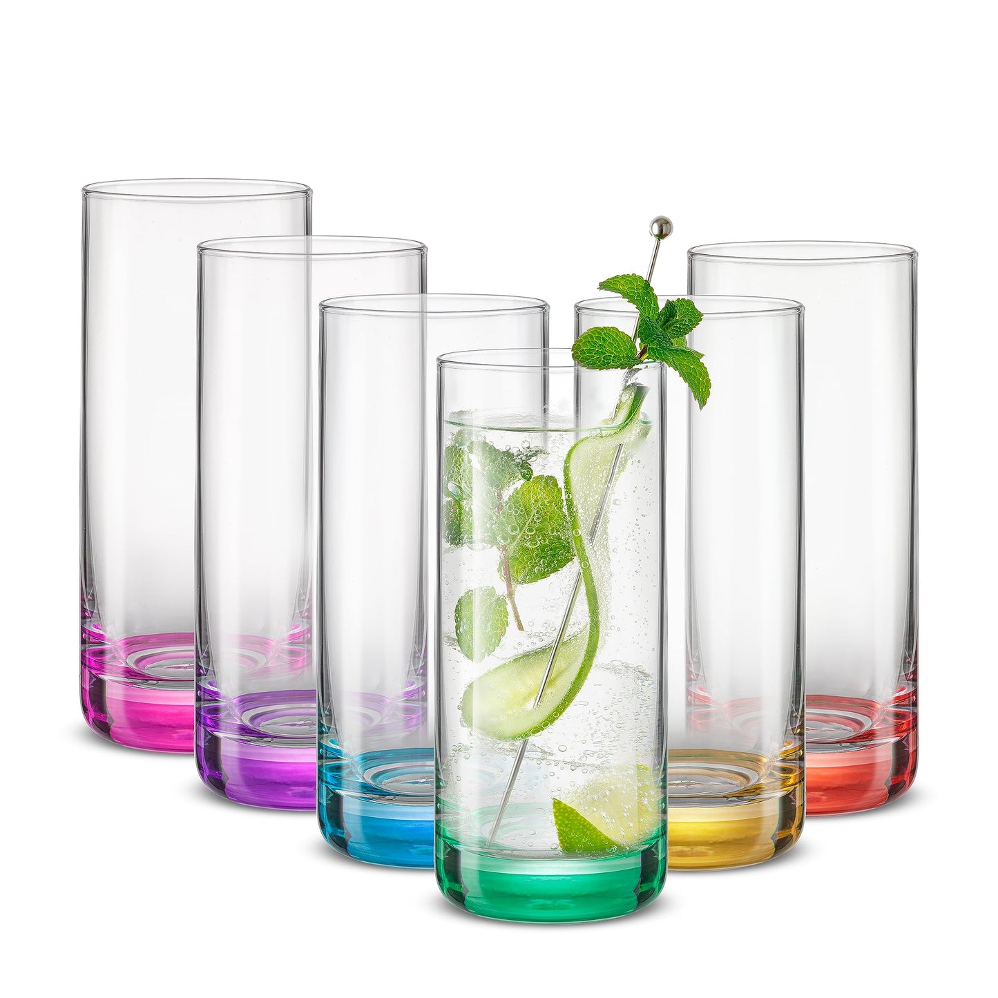 JoyJolt Hue Highball Glasses Set of 6 Tall Drinking Glasses. 13oz Cocktail Glasses, Bourbon Whiskey Glass Cups Set, Mojito Glass Tumbler, Tom Collins Glasses, Water Glasses. Colored Glassware Sets