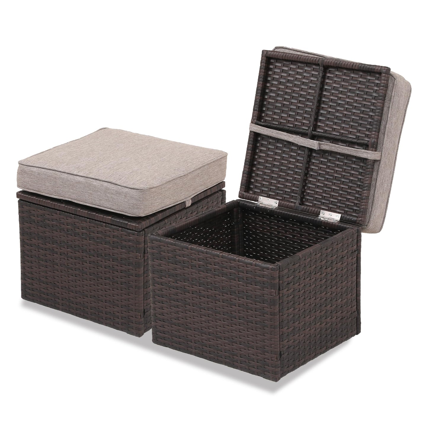 OPENAIRCOMFORT Premium Natural Flaxen/Brown 16.5" 2-Piece w/ 3" Fade-Proof Cushion, All-Weather Wicker Indoor/Outdoor Ottomans, PE Rattan Side Table & Footstools, Footrest, Ideal for Patio.