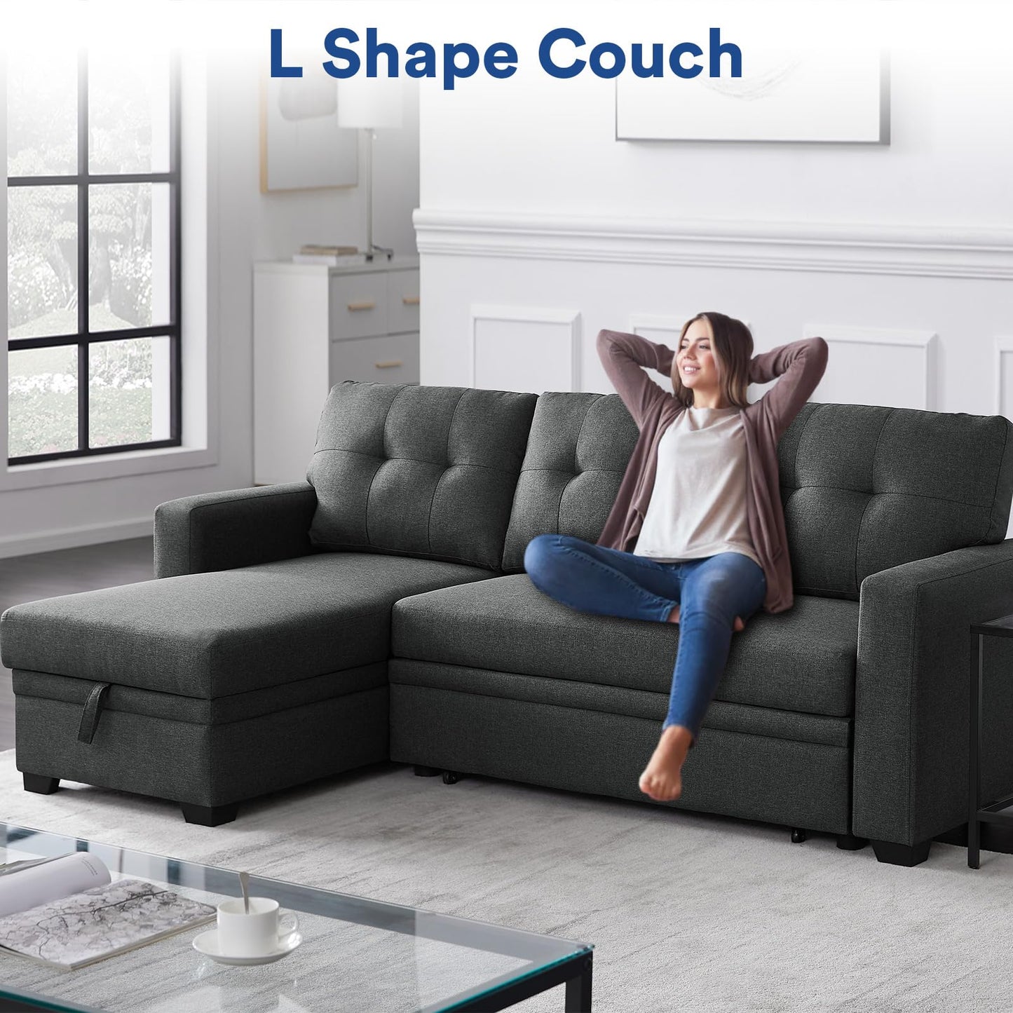Rovibek L Shaped Chaise Couch with Storage and Pull Out Bed Multifunctional Comfy Sectional Sleeper Sofa for Living Room, Apartment, Bedroom, Office, Dark Gray
