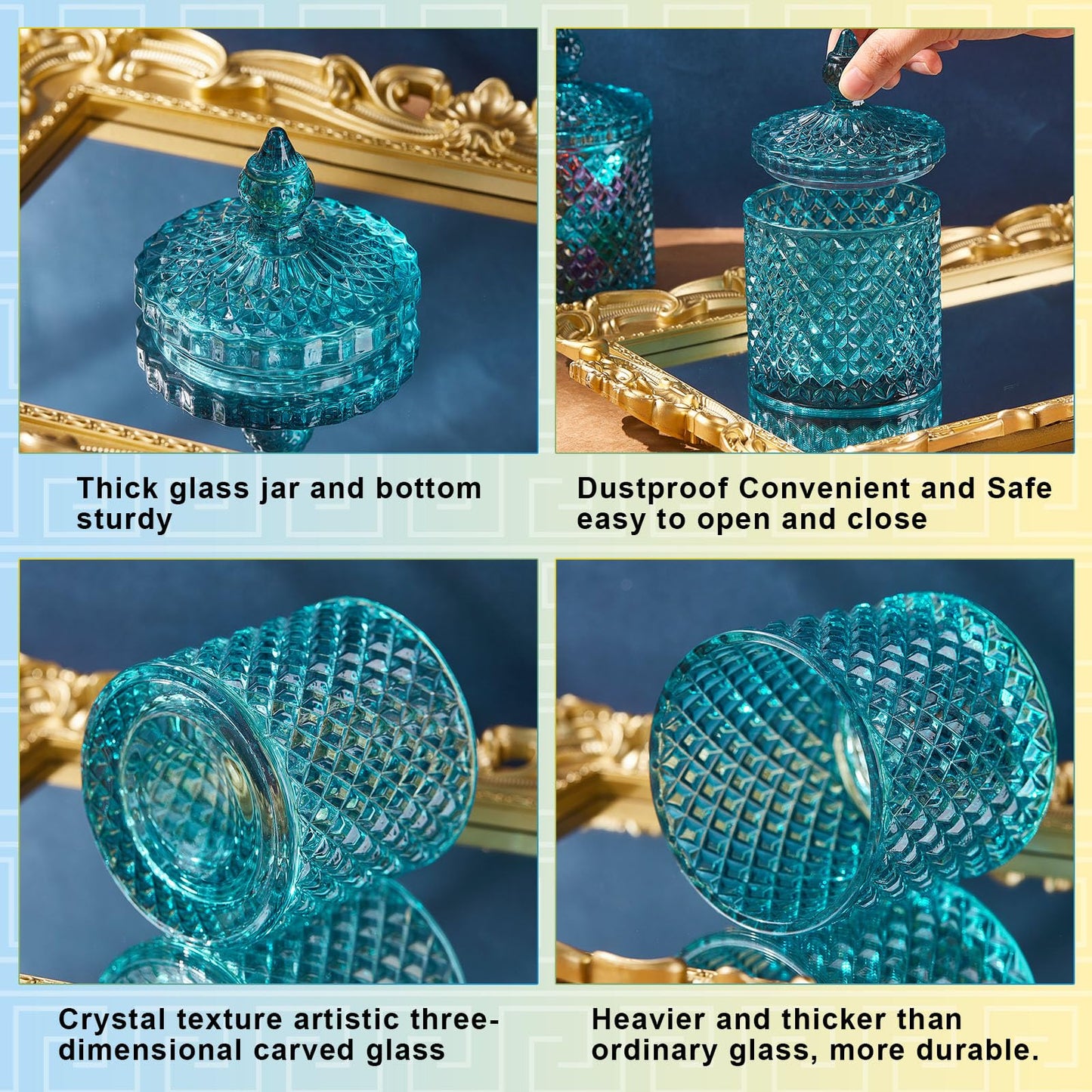 Aoriher 4 Pcs Crystal Glass Candy Jar with Lid Home Decorative Jar Glass Storage Bathroom Jars Jewelry Box Canister Jar for Cotton Swab Glass Jar for Kitchen Bathroom Pantry (Mist Blue,Medium)