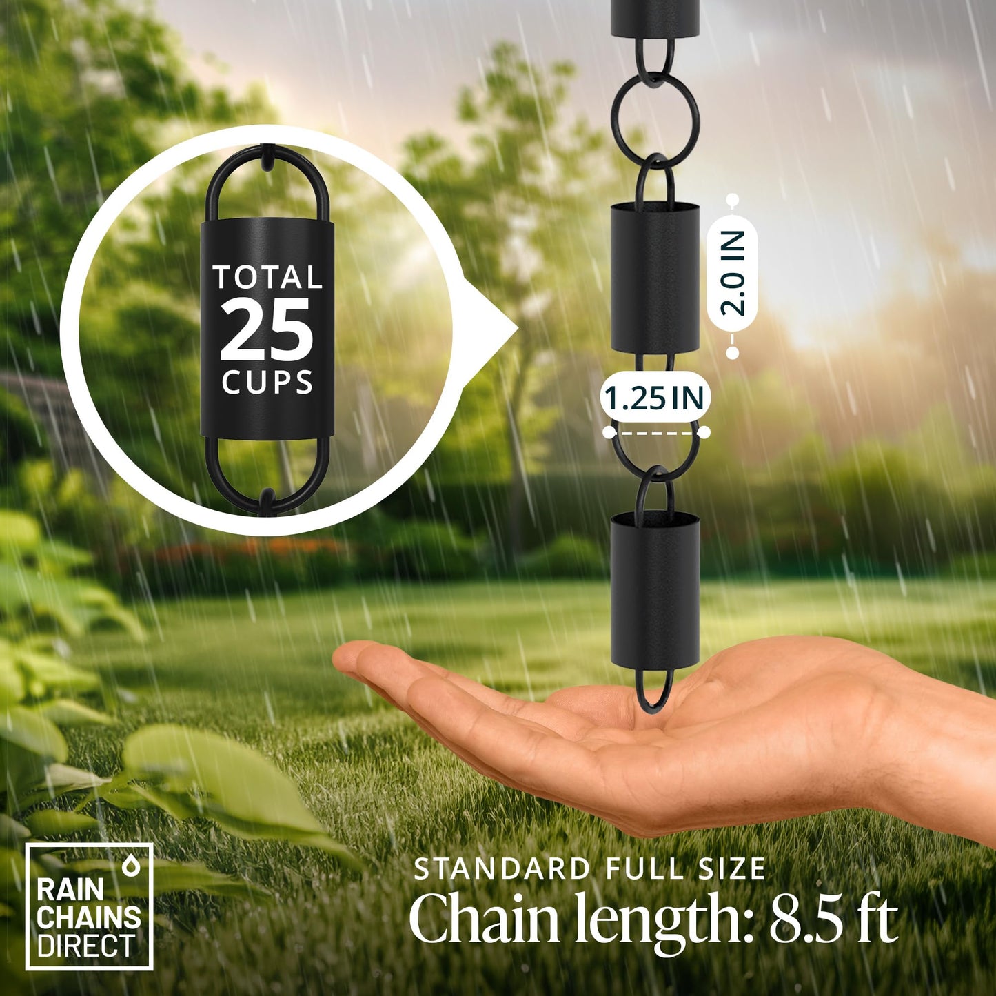 Rain Chains Direct - Channel Link Rain Chain - 8.5 FT - Durable Black Powder-Coated Aluminum - Premium Rain Chains for Gutters