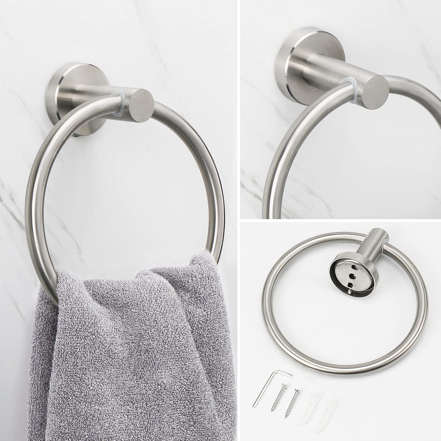 NearMoon Bath Towel Ring, Bathroom Hardware Accessories-Thicken Stainless Steel Hand Towel Holder for Bathroom, Modern Round Towel Hanger Wall Mounted (Brushed Nickel, 1 Pack)