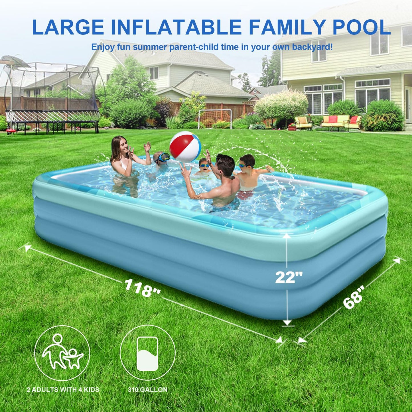 Inflatable Swimming Pool for Kids and Adults, 118" X 68" X 22" Large Size Inflatable Pool Durable Thickened Above Ground Swimming Pool, Blow Up Family Pool for Garden Lawn Backyard Summer Water Party