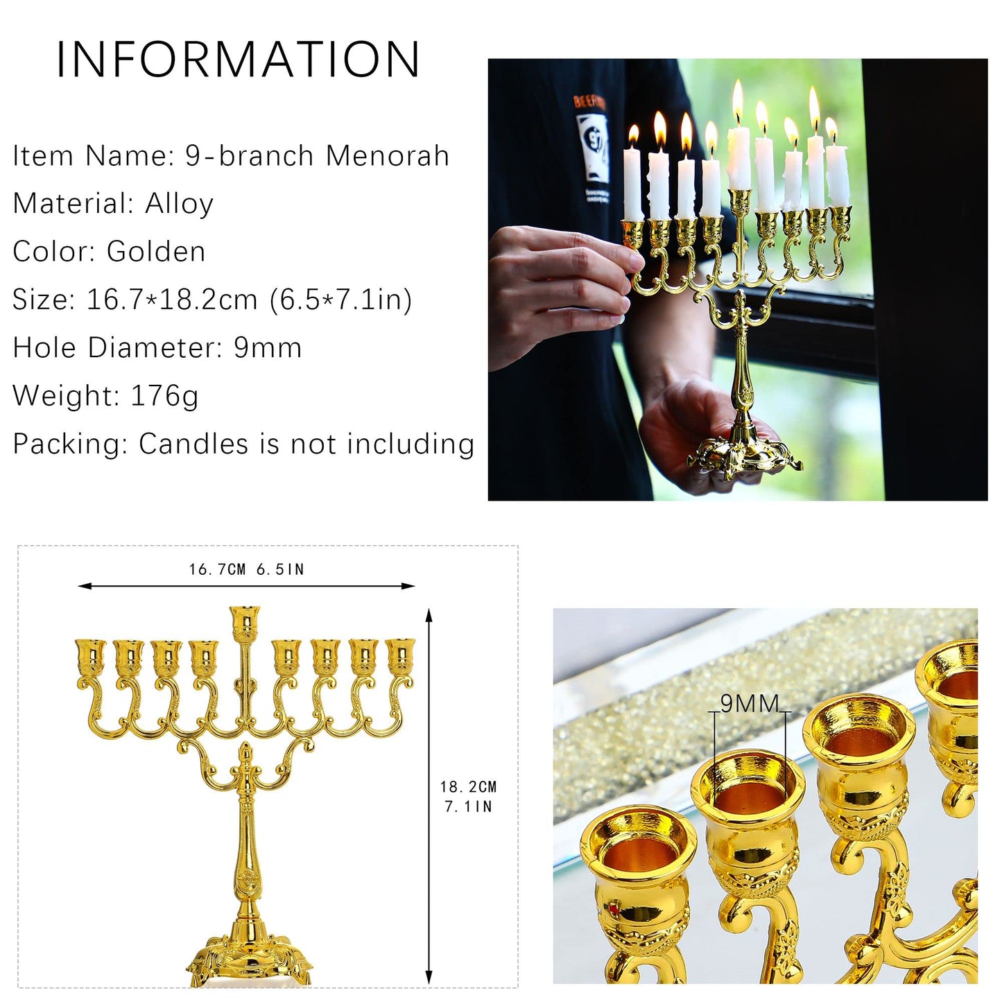 Hanukkah Menorah Ornament 9 Branch Gold Plated Jewish Candle Holder Candle Stand Candlestick