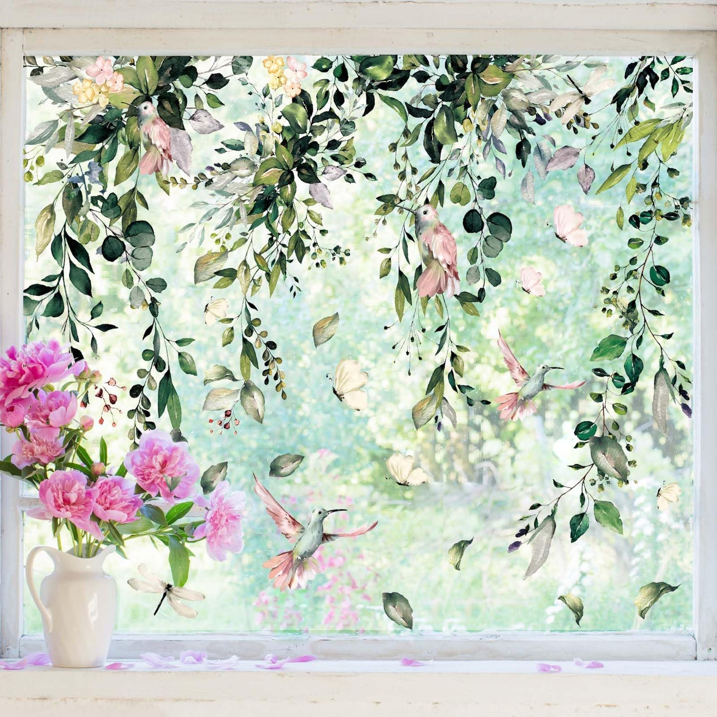 Whaline 9 Sheets Spring Flowers Window Clings Eucalyptus Flower Window Stickers Summer Plant Hanging Vine Floral Leaf Reusable Static Window Decals for Wedding Party Home Decor Supplies