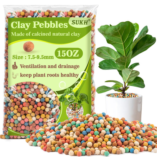 Sukh Clay Pebbles for Plants - 15 OZ Small Pebbles for Indoor Plants Natural Clay, Used for Drainage, Decoration, Aquaponics, Hydroponics 7.5-9.5 mm (Mixed Colors)