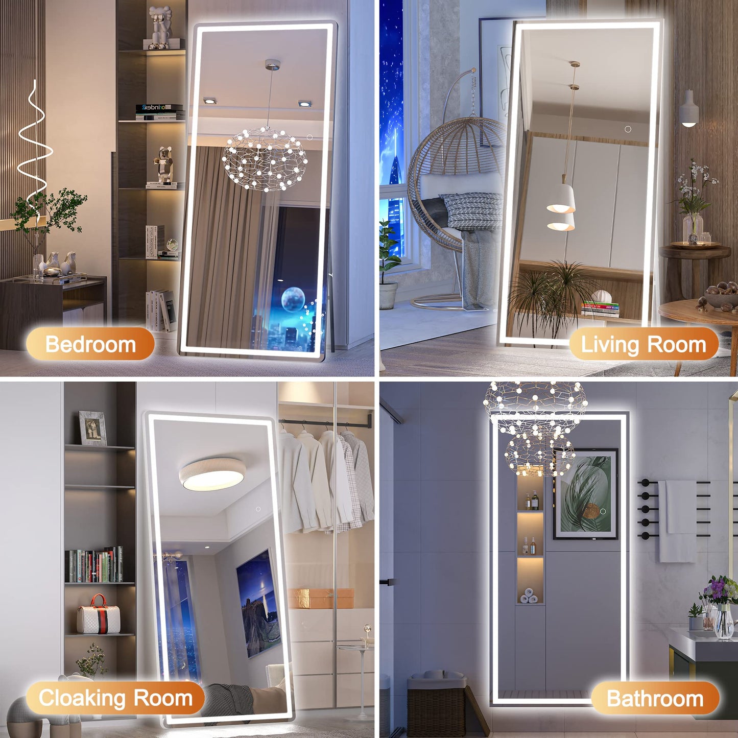 Hasipu Full Length Mirror with Lights, 71" x 24" LED Lighted Floor Standing Mirror, Full Body Dressing Hanging Mounted Mirror, Dimmable, Tempered Glass, Safe to Use, Square White