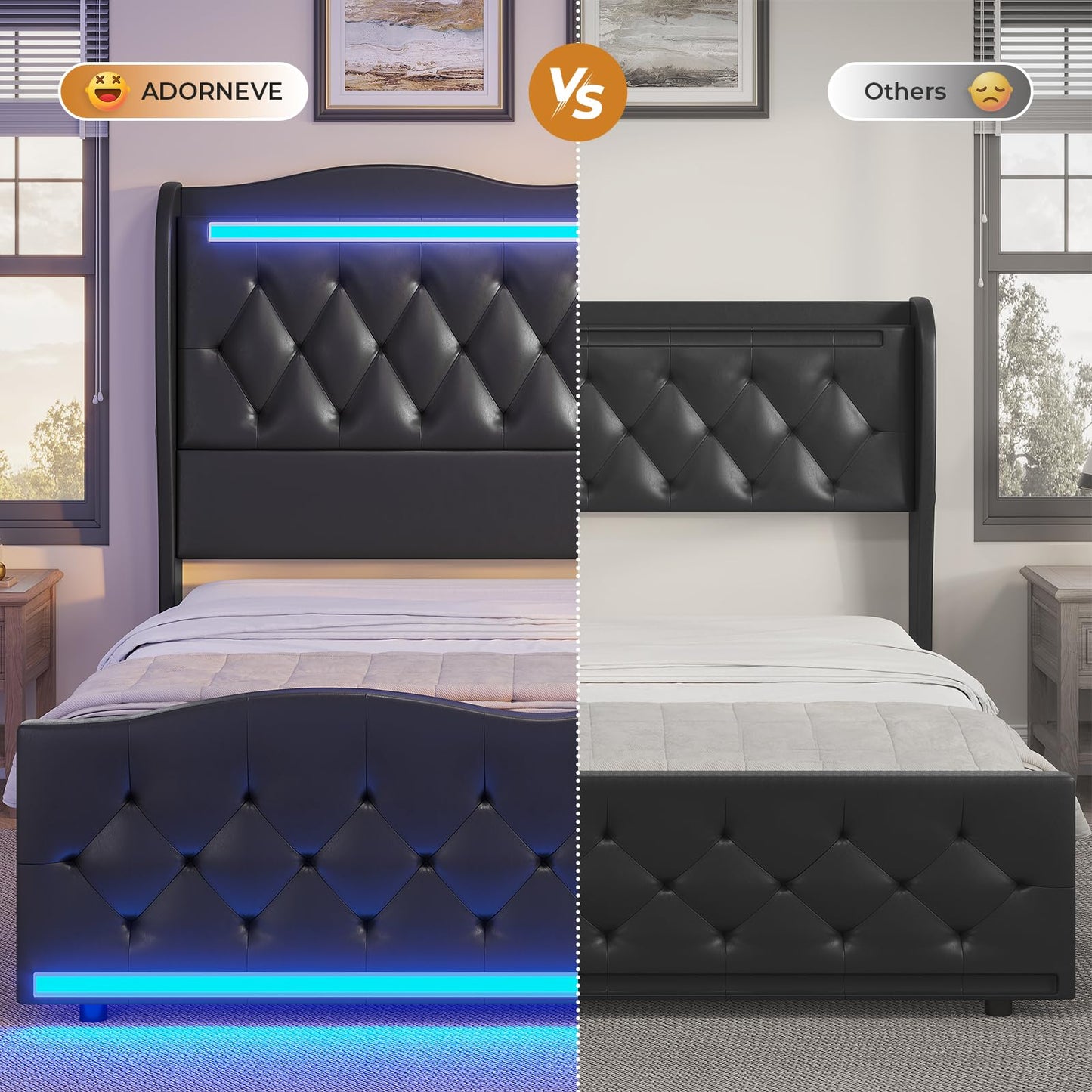 ADORNEVE King Bed Frame with Tall Wingback Headboard and LED Lights, Pu Leather Upholstered Platform Bed King with Headboard Storage, Charging Station, Solid Wood Slats, No Box Spring Needed, Black