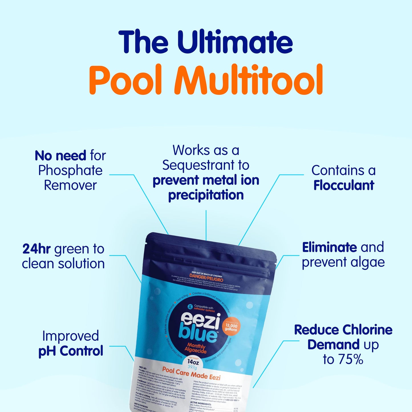 Eeziblue Monthly Algaecide for Swimming Pool | Pool Algaecide for All Algae in Above Ground and In-Ground Swimming Pools up to 13,000 Gallons