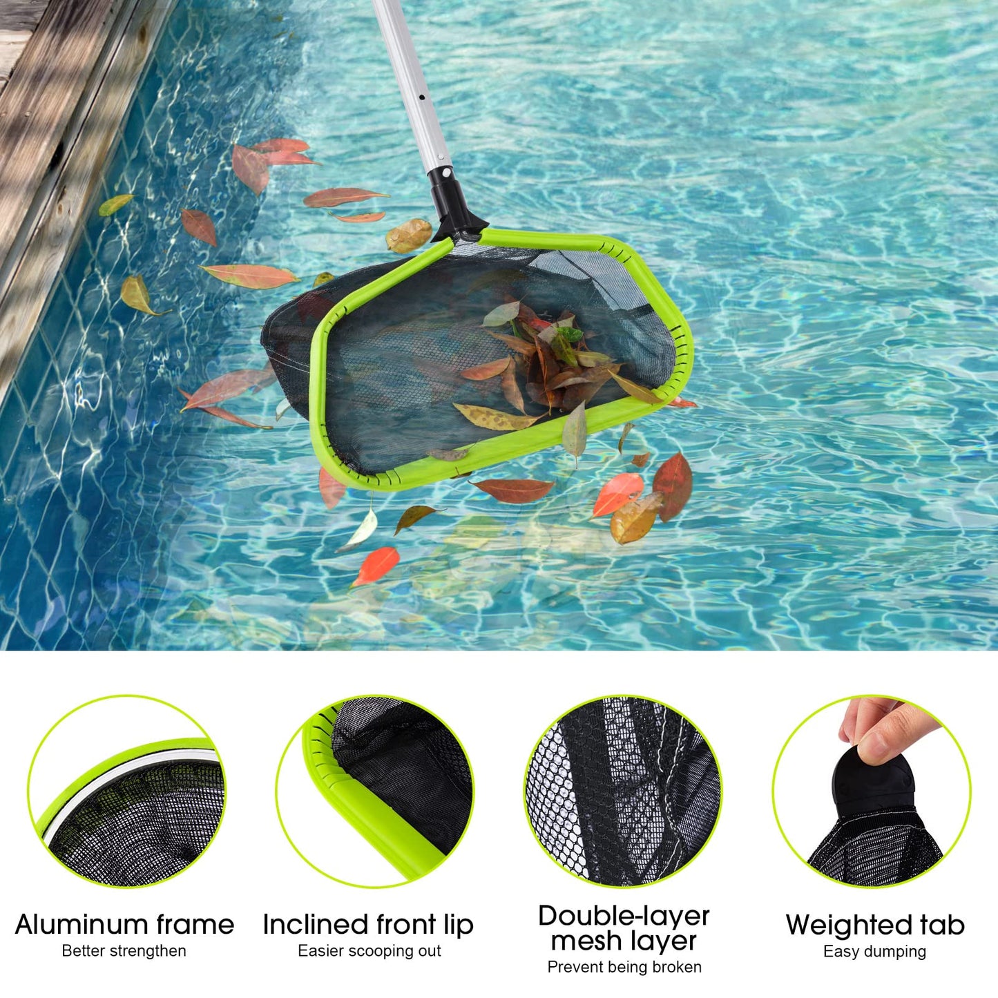 Goovilla Pool Net, Pool Skimmer Net with Double-Layer Deep Bag, Heavy Duty Aluminum Frame Swimming Pool Leaf Skimmer Rake Net with Fine Mesh, Large Pool Cleaning Net for Pond Spa Pool, Green (No Pole)