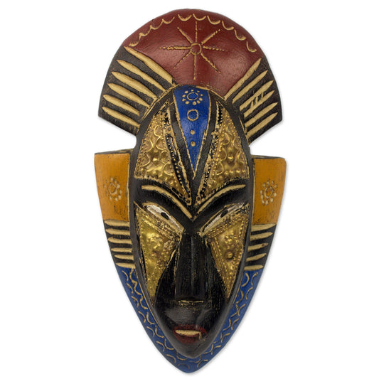 NOVICA Artisan Handmade African Wood Mask Sese Wall with Brass Accents Multicolor Brasswood 'Opeyemi'