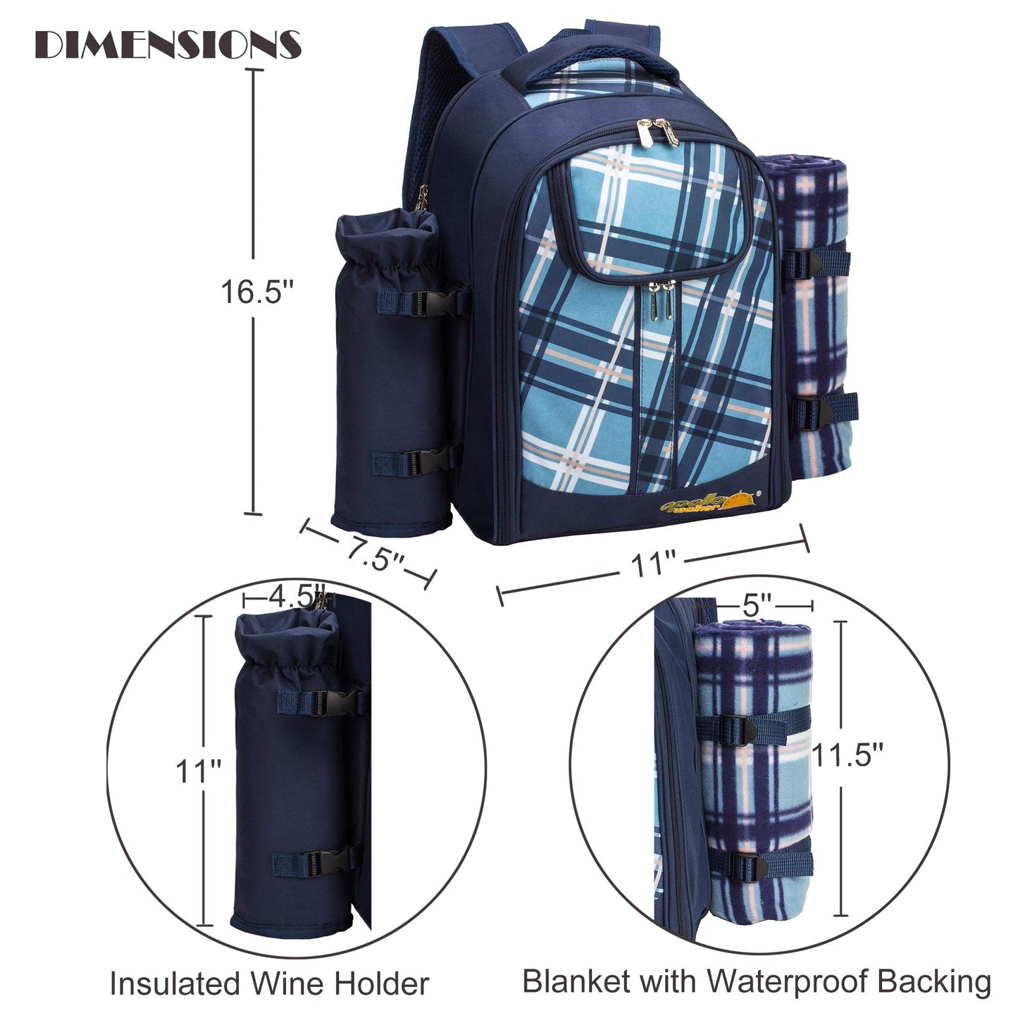 Apollo Walker Picnic Backpack Bag for 2 Person with Cooler Compartment, Detachable Bottle/Wine Holder, Fleece Blanket, Plates and Cutlery (Blue)