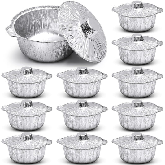 Ziliny 12 Pcs Disposable Aluminum Pot with Lid Round Foil Pans Disposable Cookware Food Container for Vacation Trips Camping Baking Heating Cooking (74.4 oz)