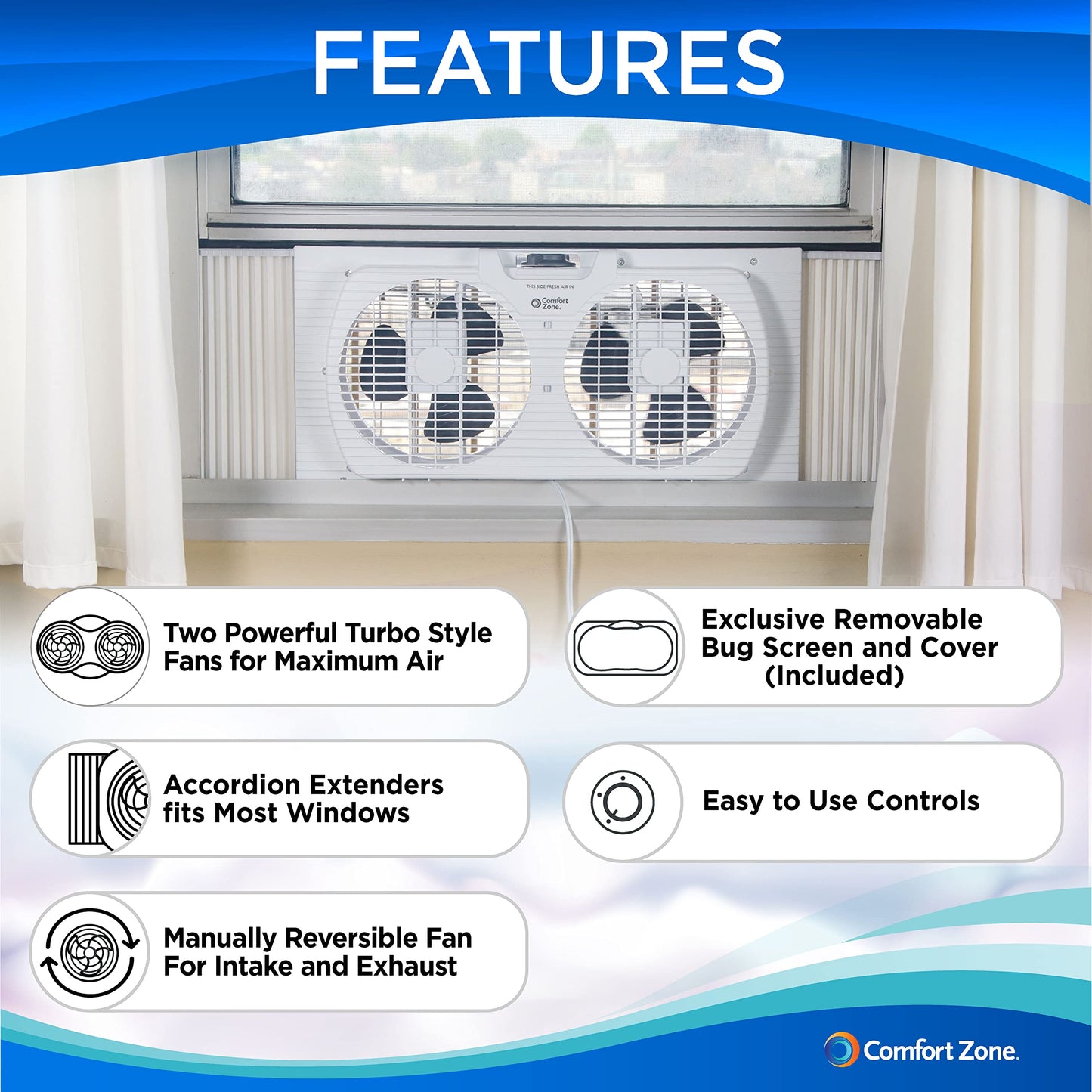 Comfort Zone Twin Window Fan with Quiet Setting, Reversible Airflow Control, 9 inch, 3-Speeds, Expandable, Exhaust, Dual Fan, Airflow 9.84 ft/sec, Ideal for Home, Kitchen, Bedroom & Office, CZ319WT2