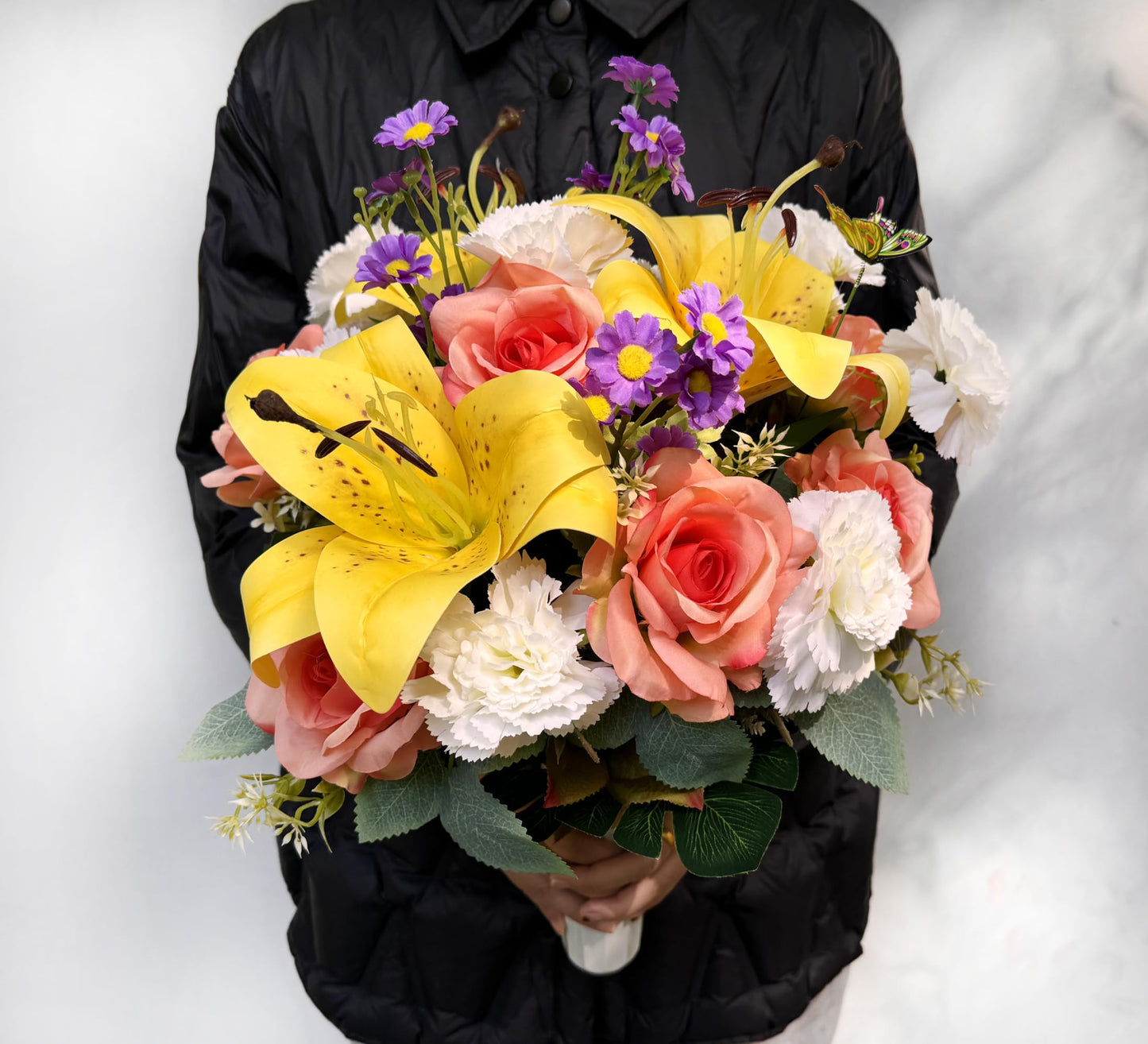Saxili Silk Artificial Cemetery Flowers - Vivid Spring Grave Flower - Outdoor Headstone Flower Decorations - Lily Rose Carnations