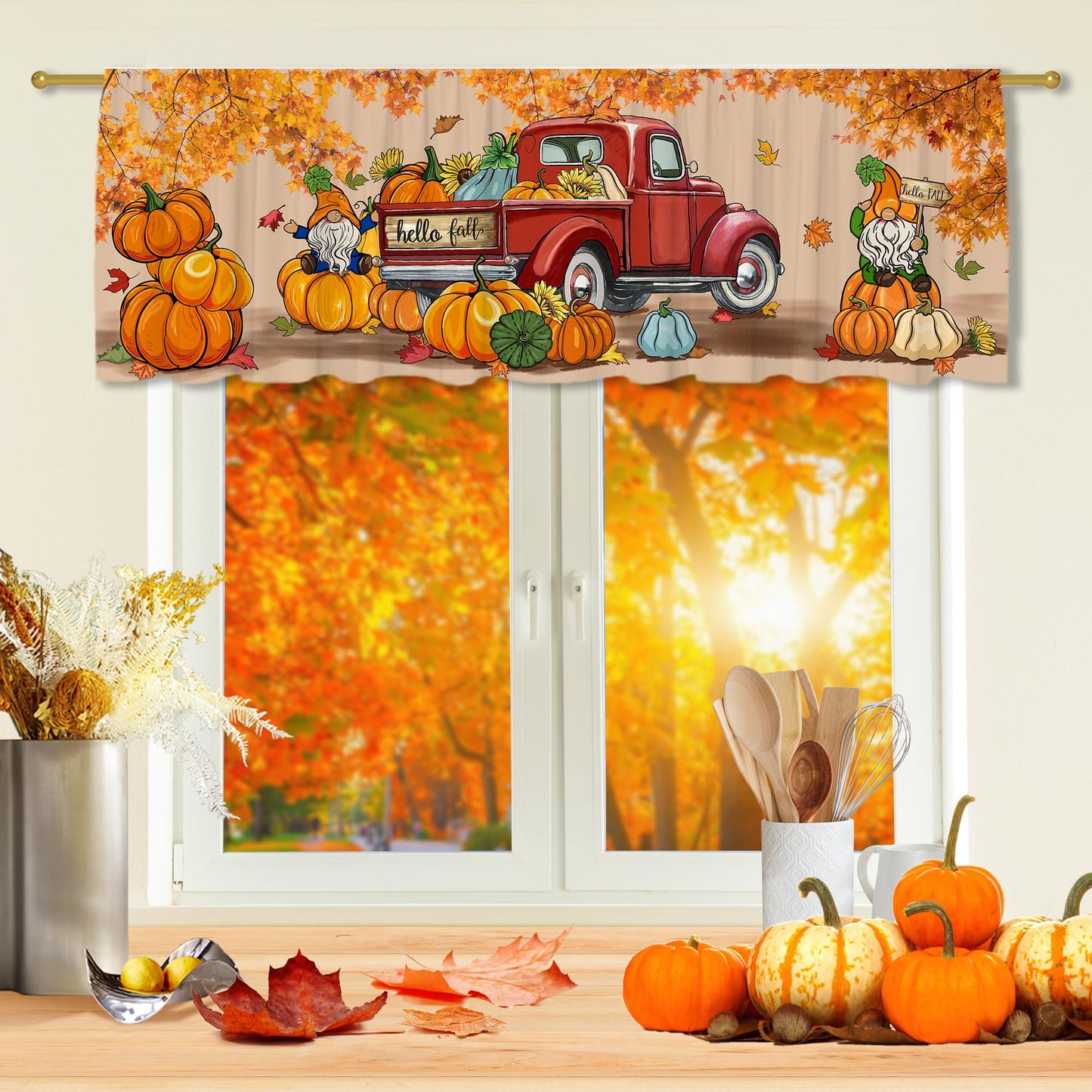 Fall Valance Curtain for Kitchen-Fall Decorations Orange Window Valance for Living Room Bedroom Scroll -Fall Gnomes Decor Rod Pocket Valances Pumpkin Truck-Autumn Window Treatment Valance 18" X 54"