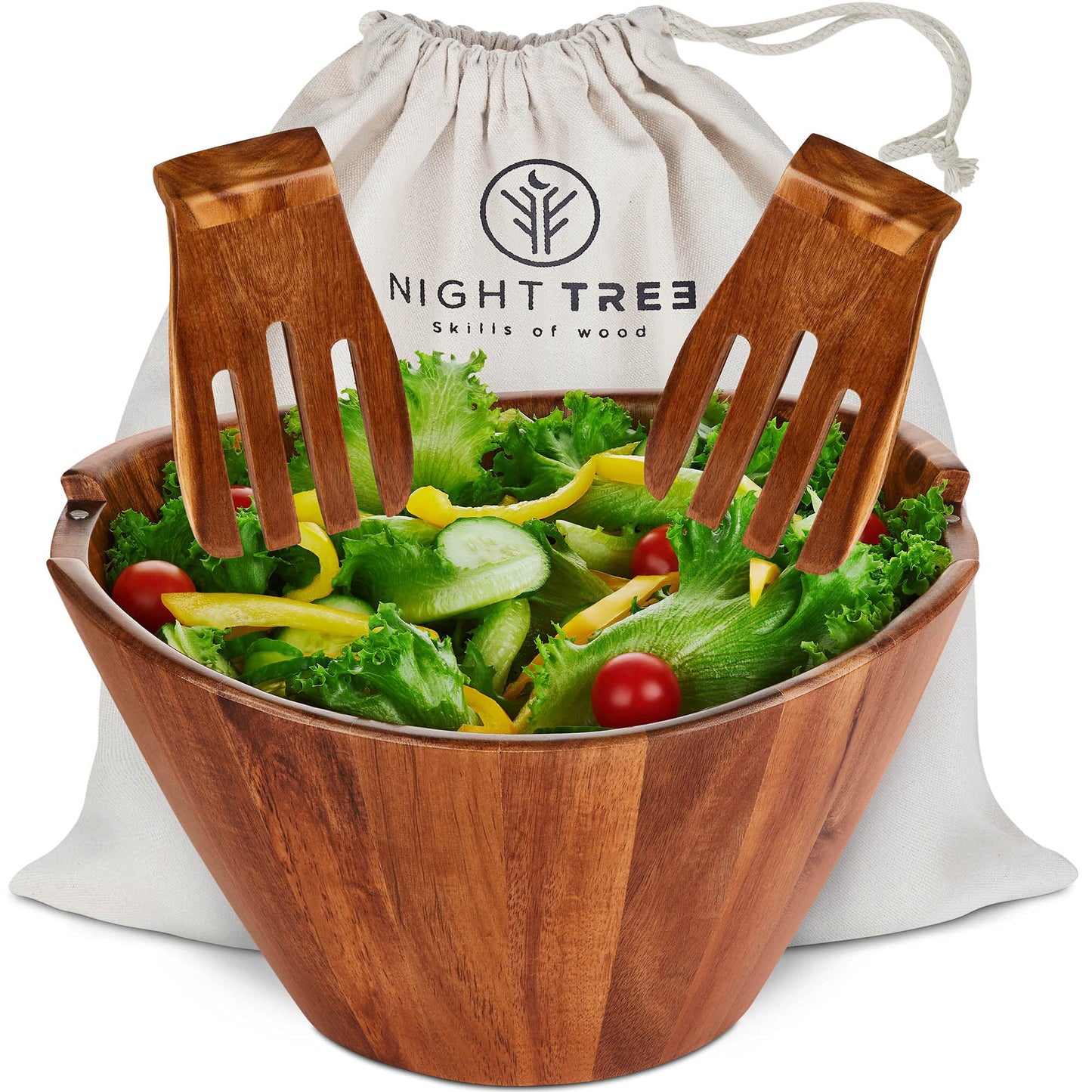 Night Tree Wooden Large salad bowl set with serving forks mixing, Wooden Bowls for Food or fruits, magnetic utensils for 6-8 servings, perfect for family meals or unique gift idea for your lovers