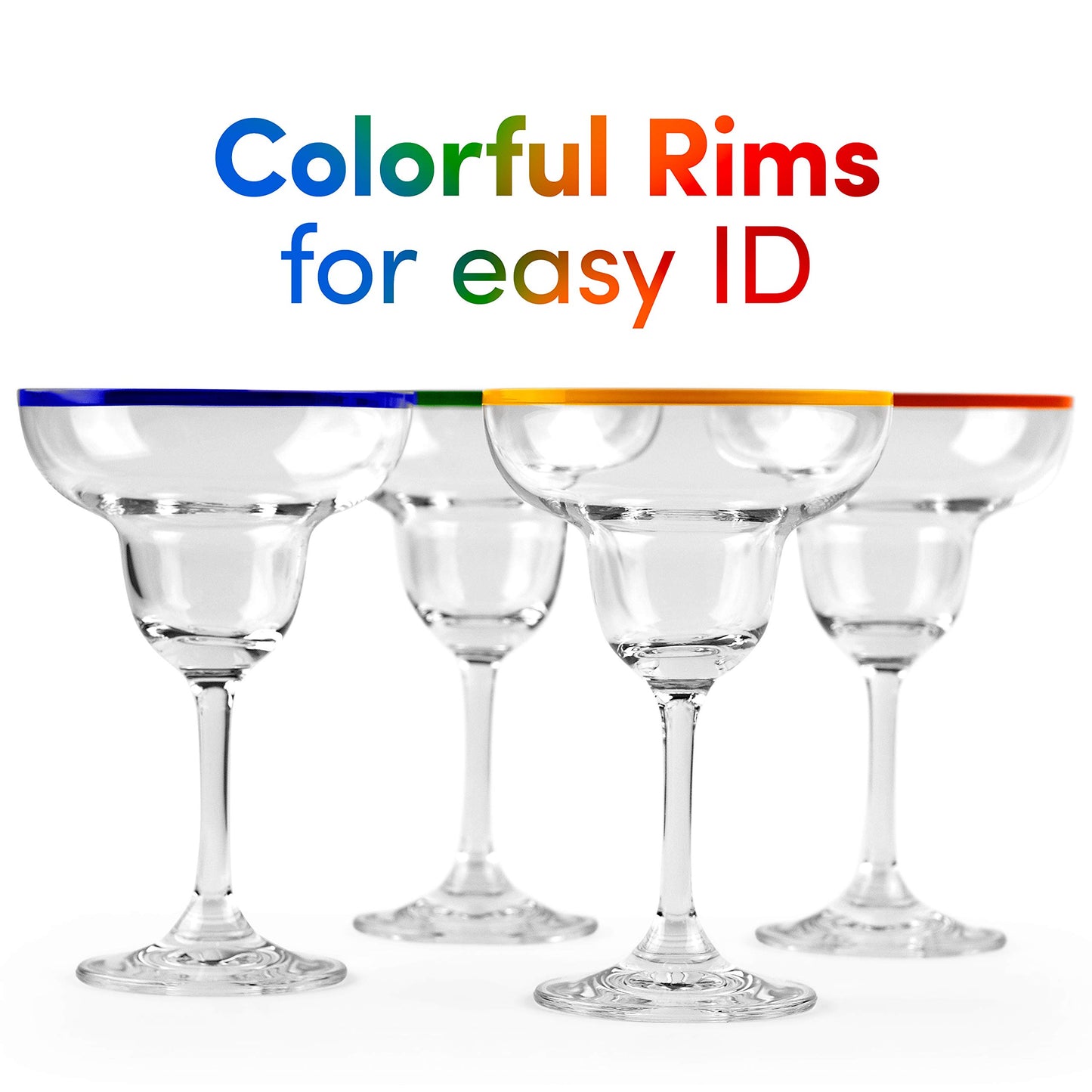 10 oz Margarita Cocktail Glasses + Colorful Party Rims | Set of 4 | Classic Frozen Drinks Stemware + Fun Cactus Gift Box | Thick Stem, Heavy Duty, Clear Hand Blown Glassware Drinking Set