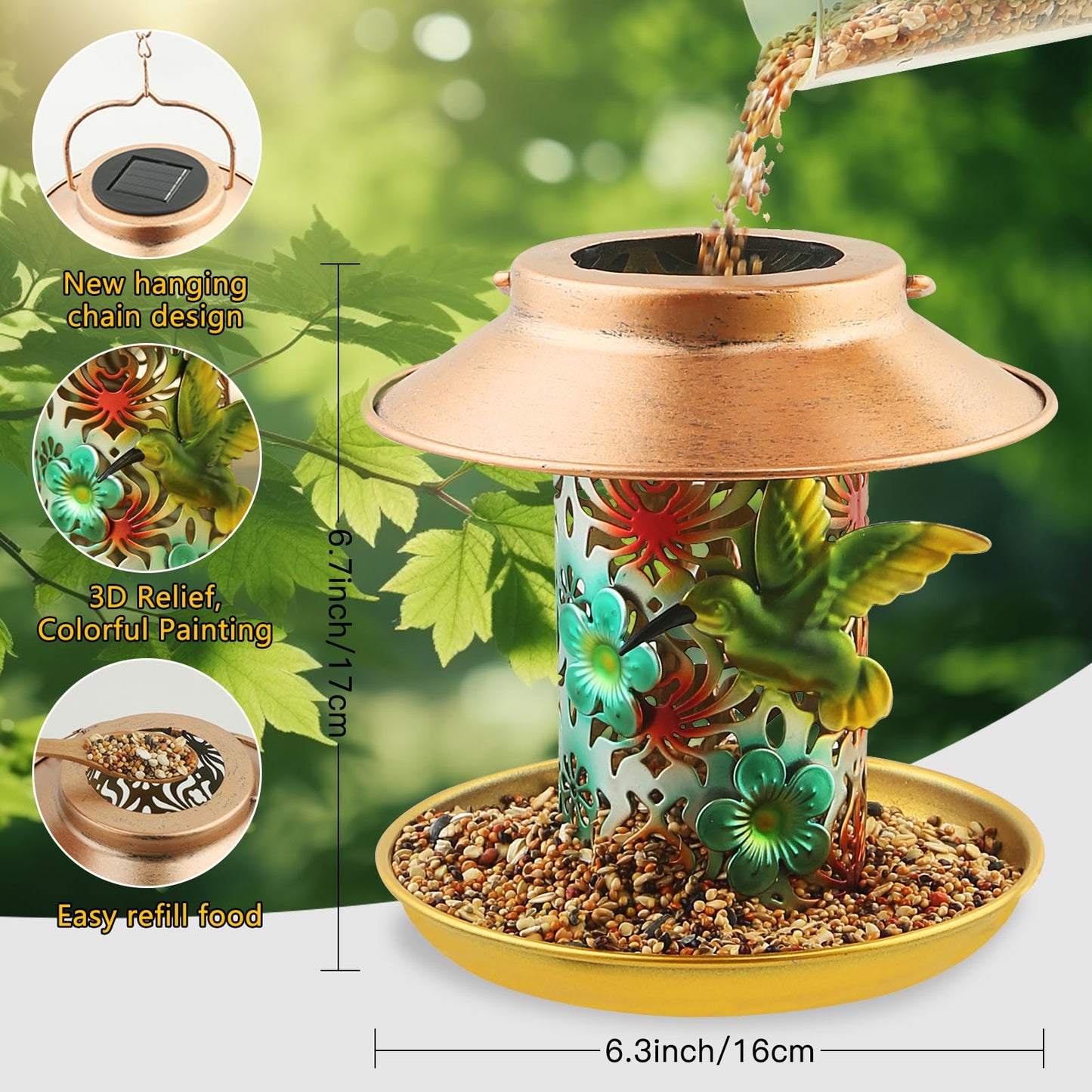 PENXUA Solar Bird Feeder for Outdoors Hanging, Gifts for Mom Grandma Women, Metal Waterproof Outside Wild Bird Feeders,Cardinals Feeders, Gifts for Bird Lovers, Lantern Light, Garden Decoration