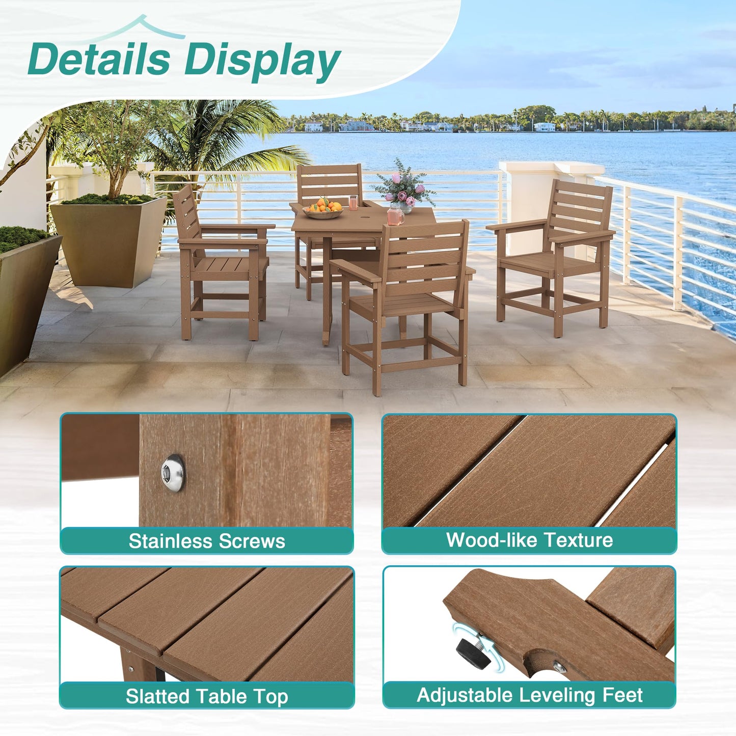 Homenjoy Patio Table and Chairs Set 5 Pieces, HDPE Weather Resistant Outdoor Dining Set with Umbrell Hole, Square Outdoor Dining Table with 4 Patio Chairs, Patio Dining Set for Balcony, Light Brown