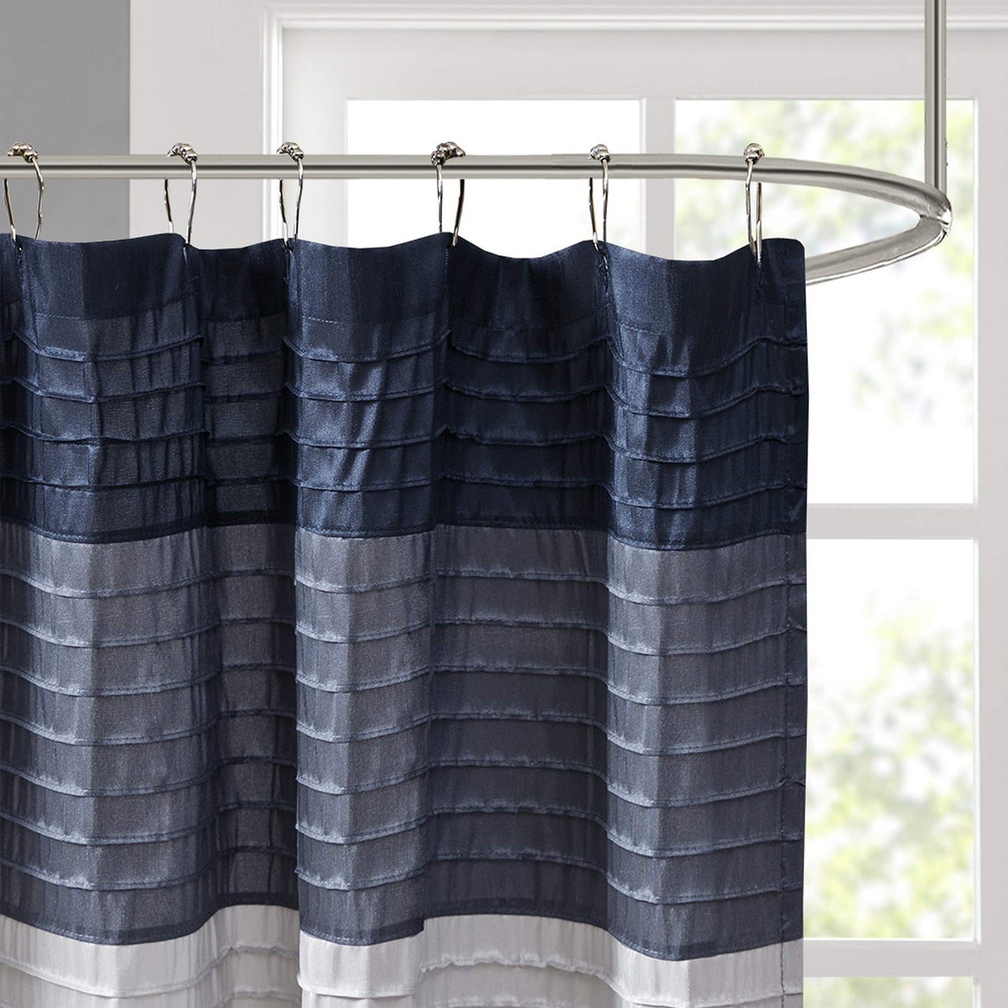 Madison Park Amherst Bathroom Shower Curtain Faux Silk Pieced Striped Modern Microfiber Bath Curtains, 72x72 Inches, Navy