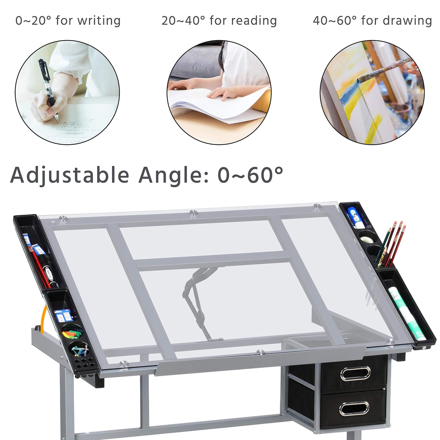 Yaheetech Drawing Desk Adjustable Glass Drafting Study Table for Diamond/Versatile Art Craft Station w/ 2 Slide Rolling Wheels and Drawers for Artist Painters Home Office