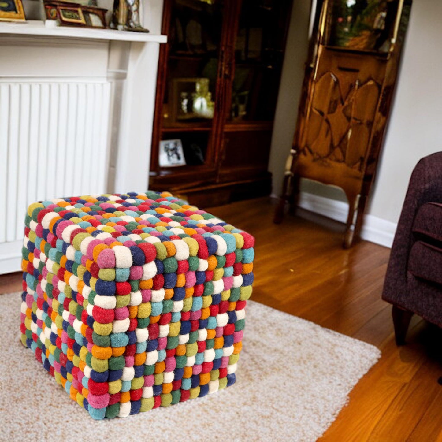 CLEENTABLE 15 Inches Multi Colored Cube Felt Ball Ottoman Pouf for Living Room, Bedroom and Kids Room