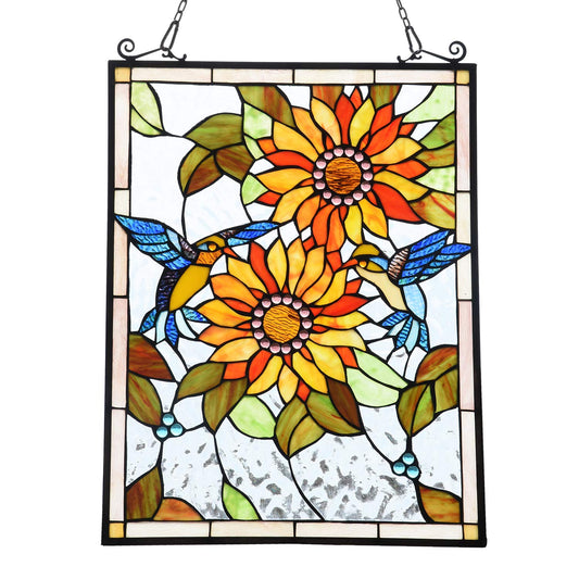 Capulina Sunflower and Birds Stained Glass Panels Window Hangings Tiffany Style Glass Traditional Art Handicrafts for Home Window Decor Gifts