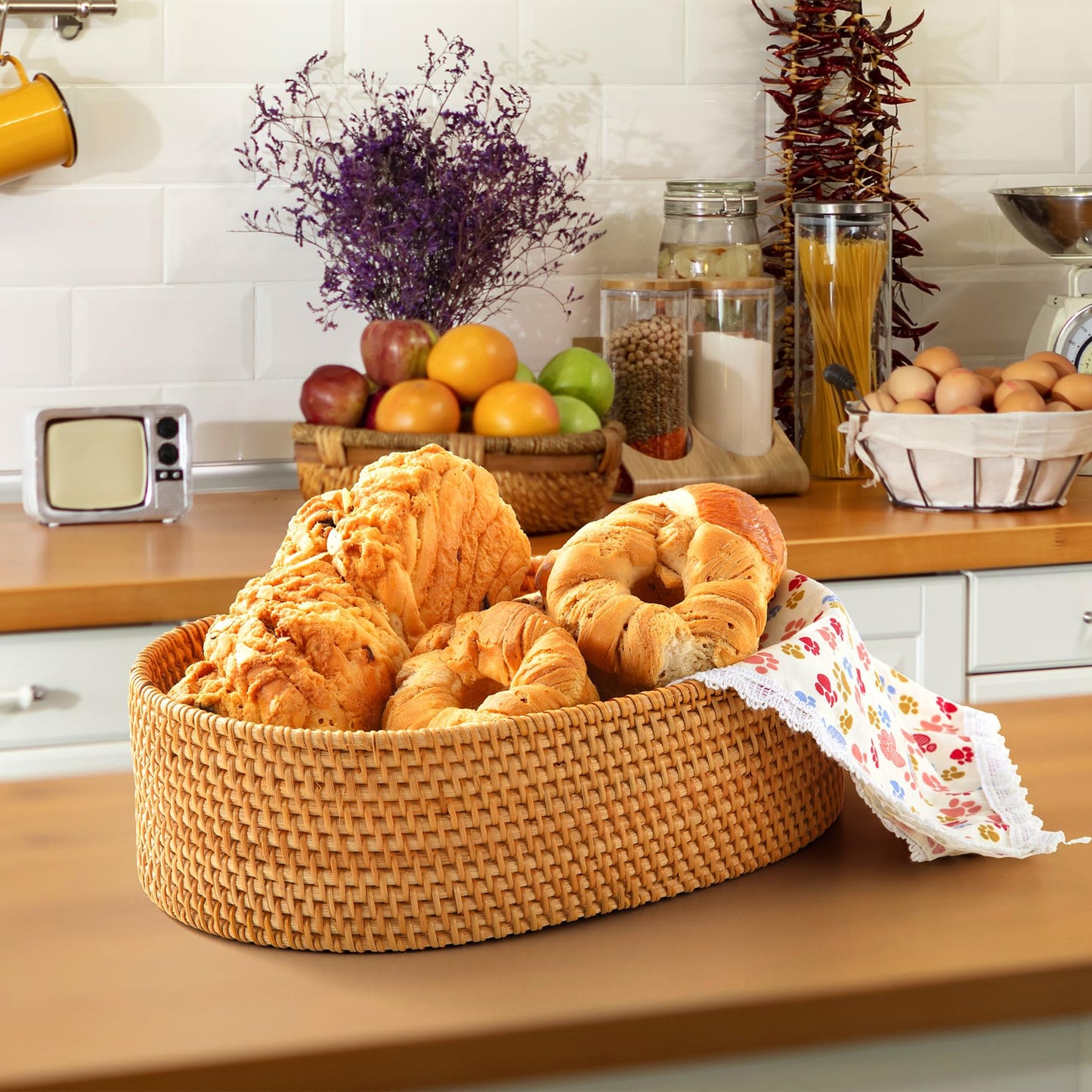 Bread Warmer Basket with Stone - Bread Baskets for Serving Tortilla, Sourdough -Terracotta Bread Stone -Gifts for House Warming, Christmas, Sourdough Bakers, Newlywed, Beautiful Bread Warmer Basket