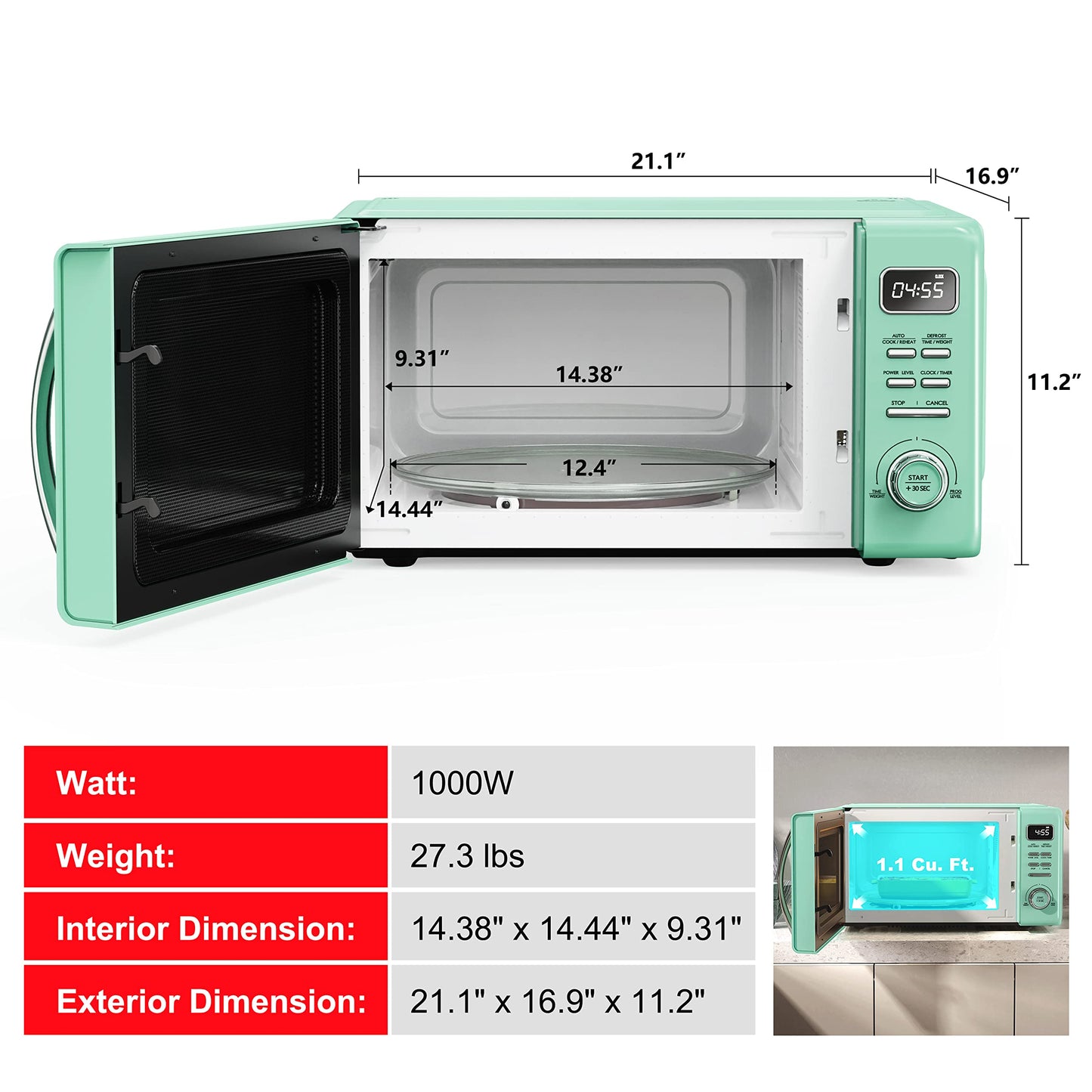 Galanz GLCMKZ11GNR10 Retro Countertop Microwave Oven with Auto Cook & Reheat, Defrost, Quick Start Functions, Easy Clean with Glass Turntable, Pull Handle, 1.1 cu ft, Green