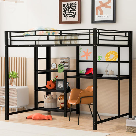 Full Size Loft Bed with Desk and Storage Shelves, Heavy Duty Metal Loft Bed with Whiteboard and 3-Tier Shelves, Full Loft Bed for Kids, Teens, Adults, Black Loft Bed Full Size