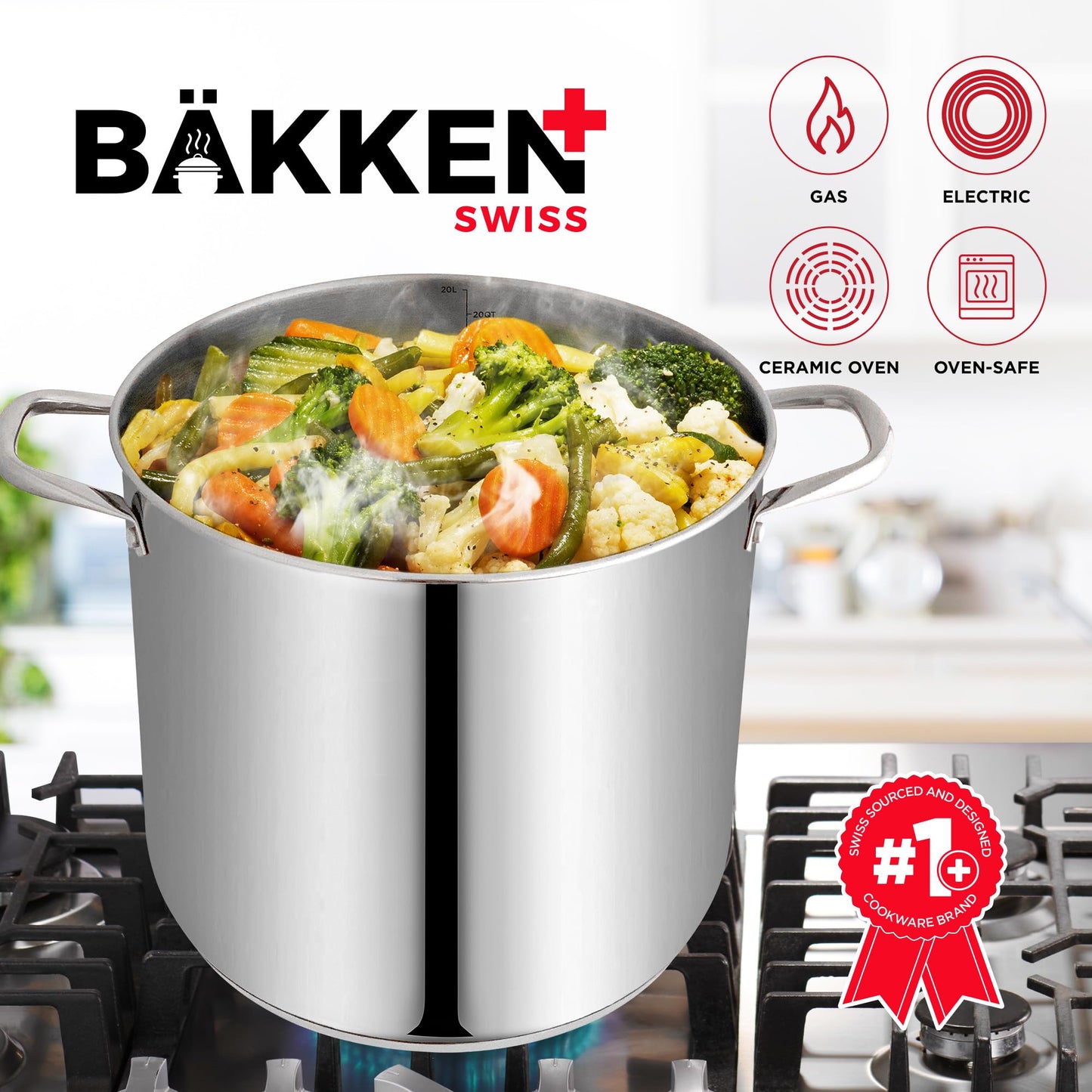 Bakken-Swiss Deluxe 20-Quart Stainless Steel Stockpot w/Tempered Glass See-Through Lid - Simmering Delicious Soups Stews & Induction Cooking - Exceptional Heat Distribution - Heavy-Duty & Food-Grade