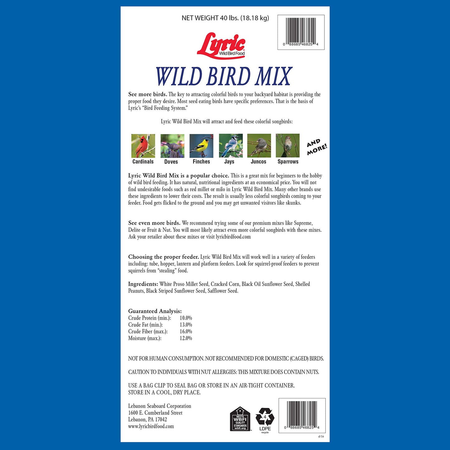 Lyric Wild Bird Mix Bird Seed, Bird Food for Outside Feeders, 40 lb. Bag