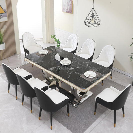 Montary 9 Piece Dining Table Set, Contemporary Modern Dining Table Set of 8, Includes 79" Rectangular Marble Dining Table, 8 Black and White Dining Chairs for Home, Kitchen, Dining Room
