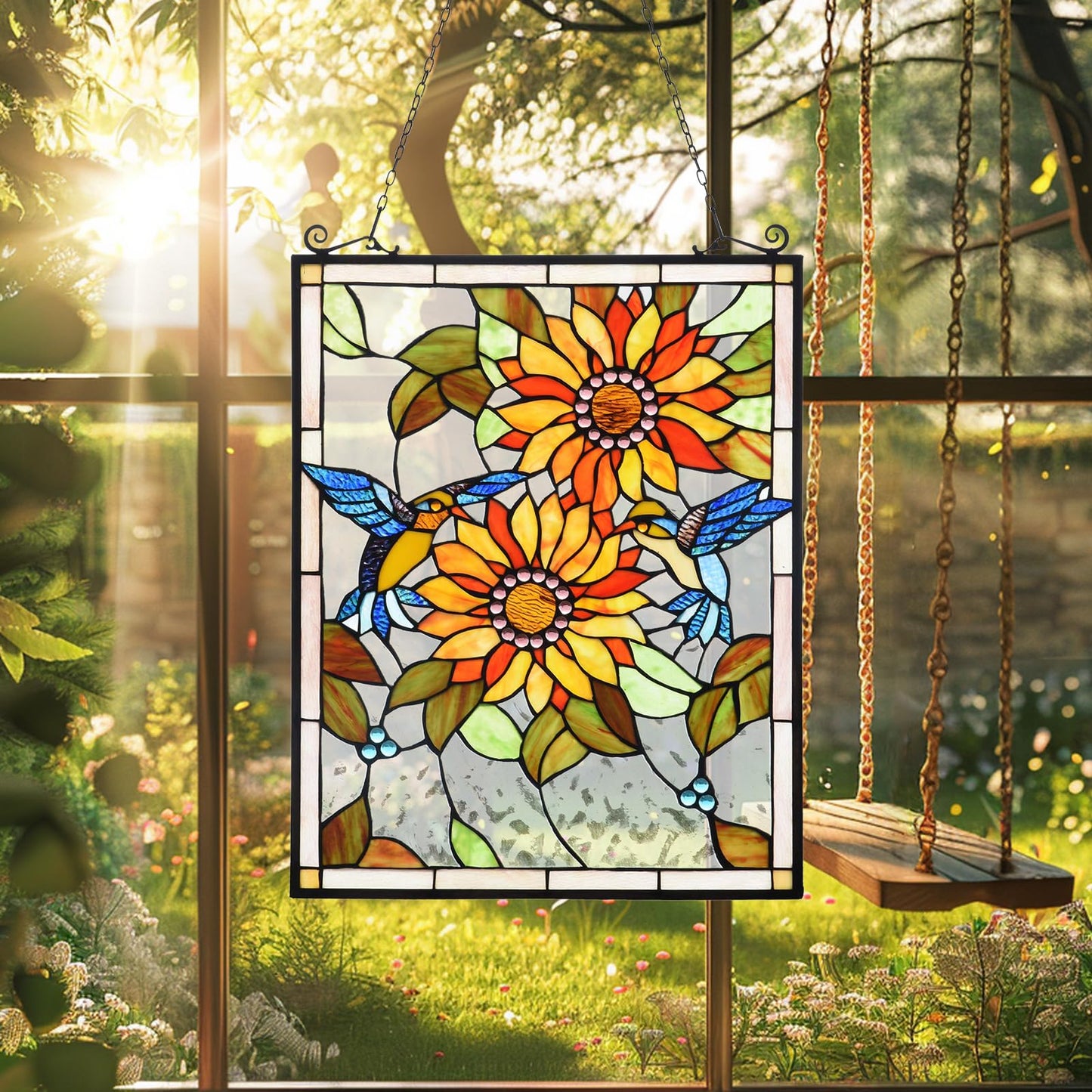 Capulina Sunflower and Birds Stained Glass Panels Window Hangings Tiffany Style Glass Traditional Art Handicrafts for Home Window Decor Gifts